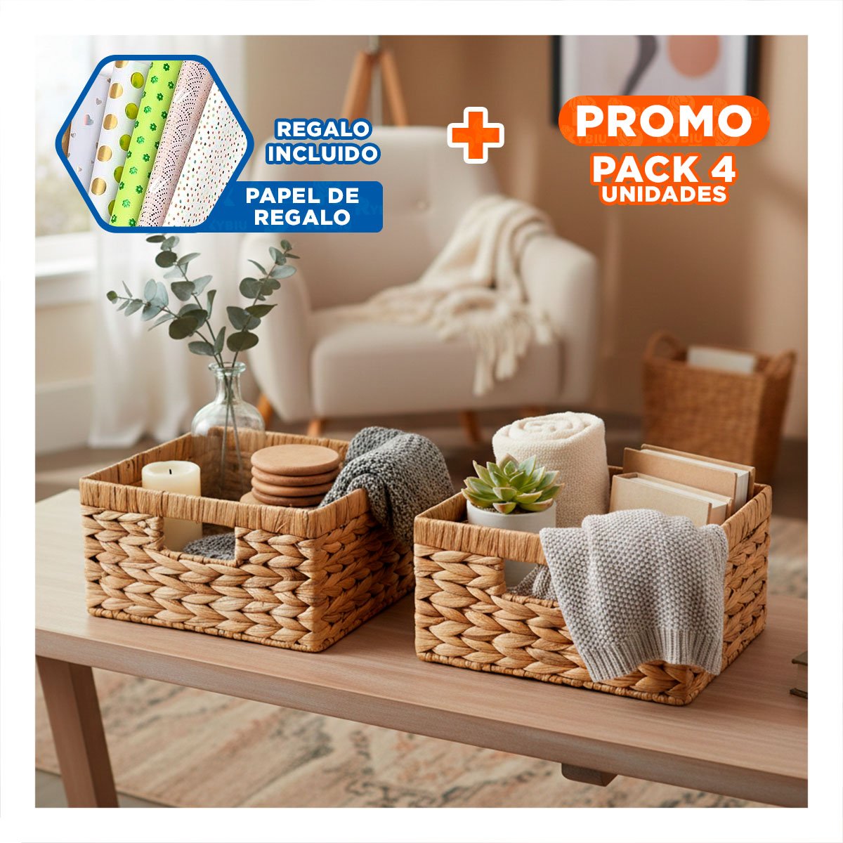 PACK4 CONJUNTO DE CONTENEDORES CUADRADOS TEJIDOS MOSTAZA CON ASAS PARA GUARDAR Y+PAPEL REGALO - 1