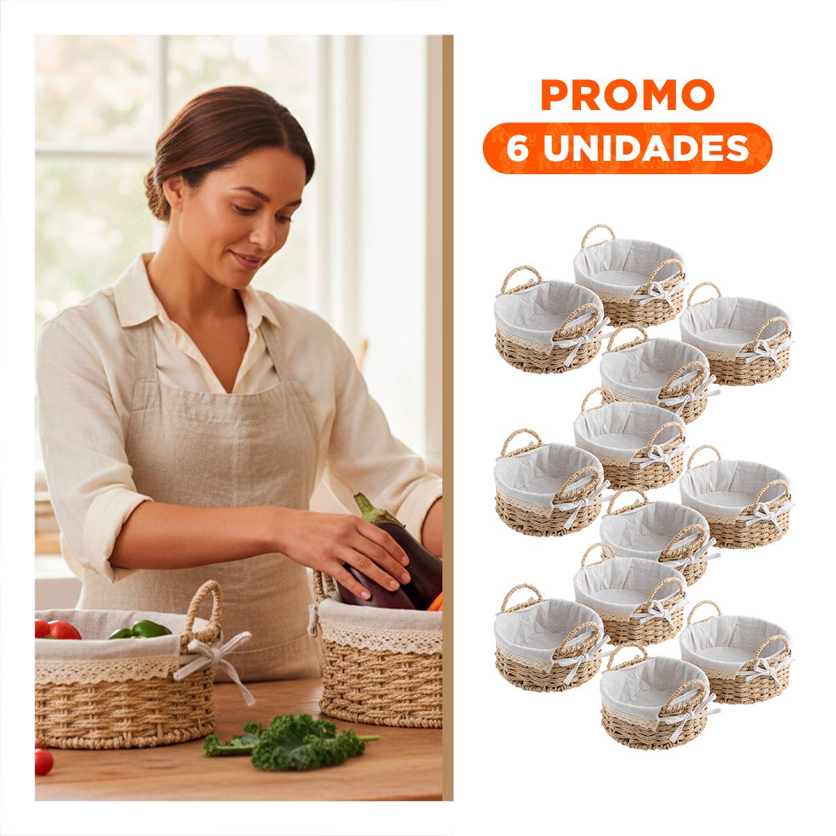 PACK6 COLECCION 2 CESTA CIRCULAR TEJIDA CON FORRO BEIGE Y PLOMO PARA SALA Y COCINA - 1