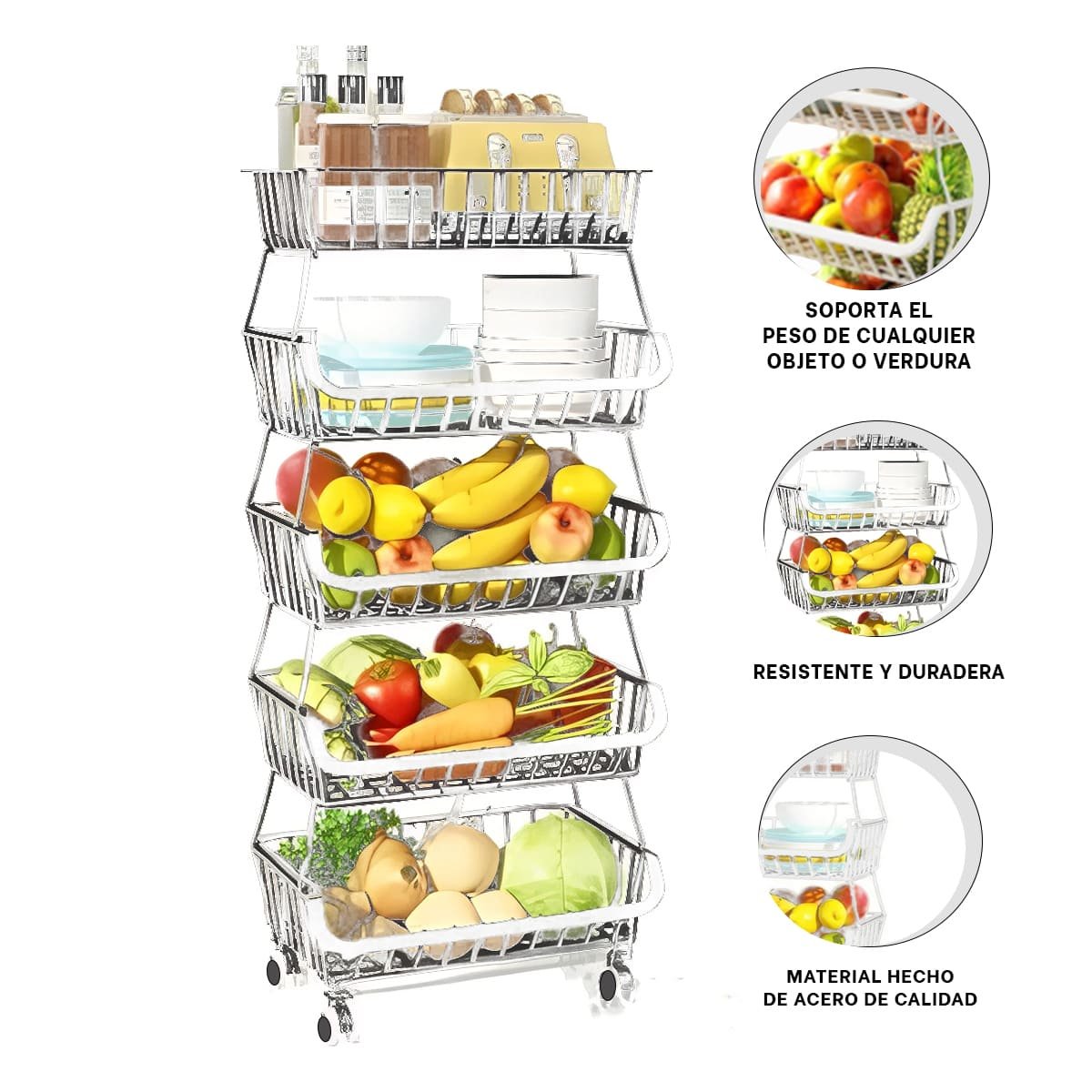 CONTENEDOR APILABLE 5 NIVELES PARA COCINA ACERO BLANCO PARA COCINA ORDENADA Y+LIGAS REGALO - 5
