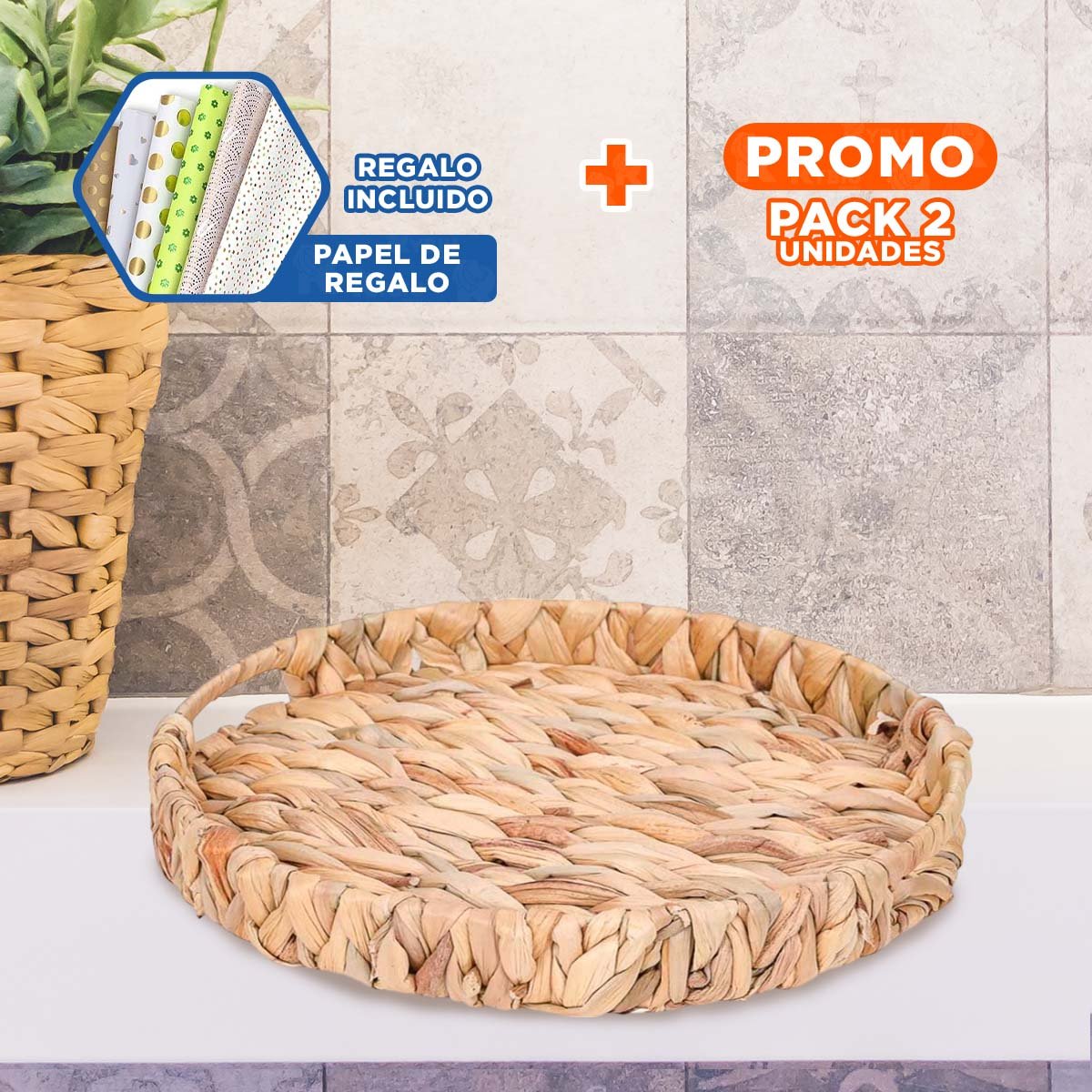 PACK2 CESTA CIRCULAR TEJIDA CON ASAS GRASS 30X4CM MOSTAZA PARA USO HOGAR YPAPEL REGALO - 1