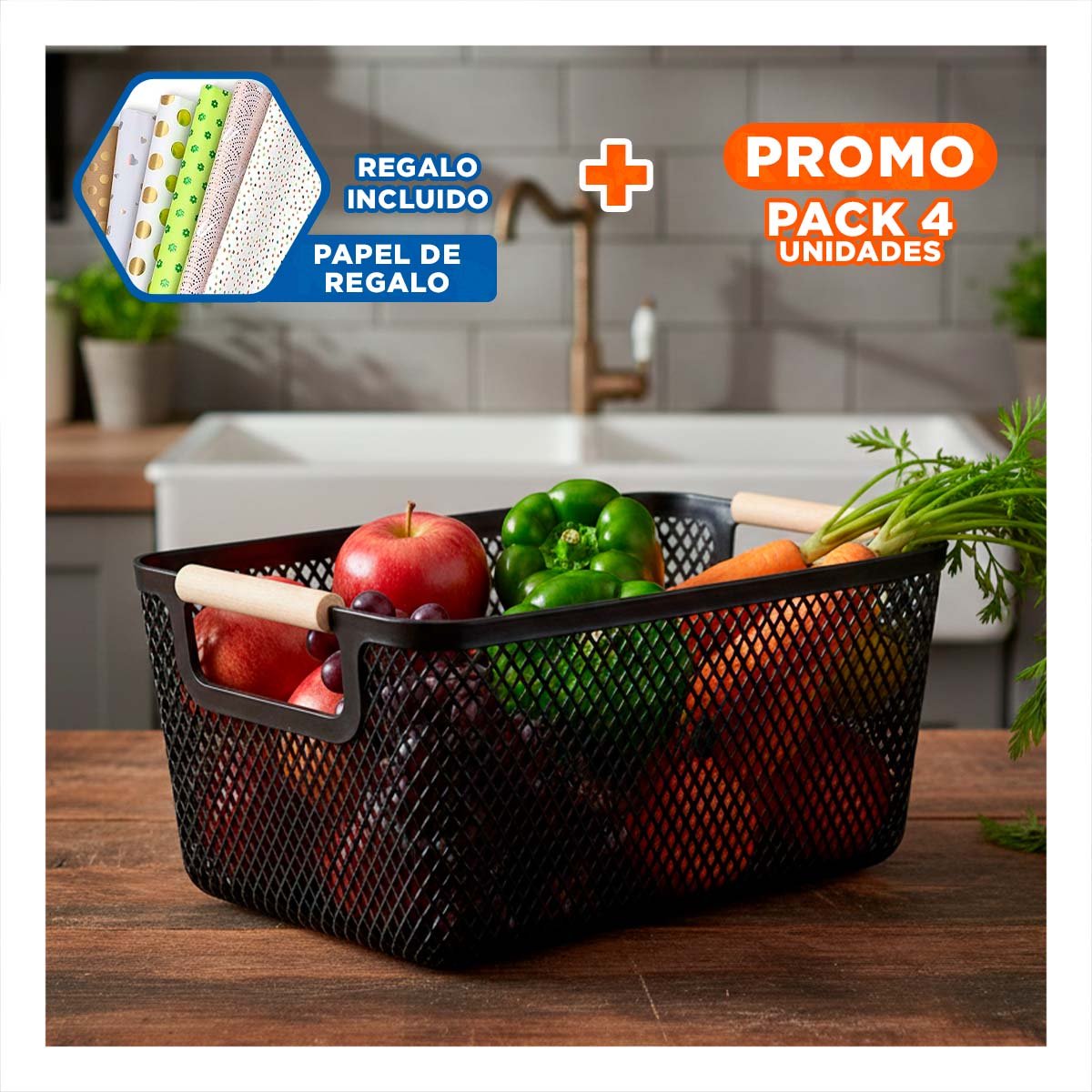 PACK4 CANASTA ESTILO MODERNO DE MALLA CON ASAS DE MADERA NEGRO PARA ACCESORIOS Y+PAPEL REGALO - 1