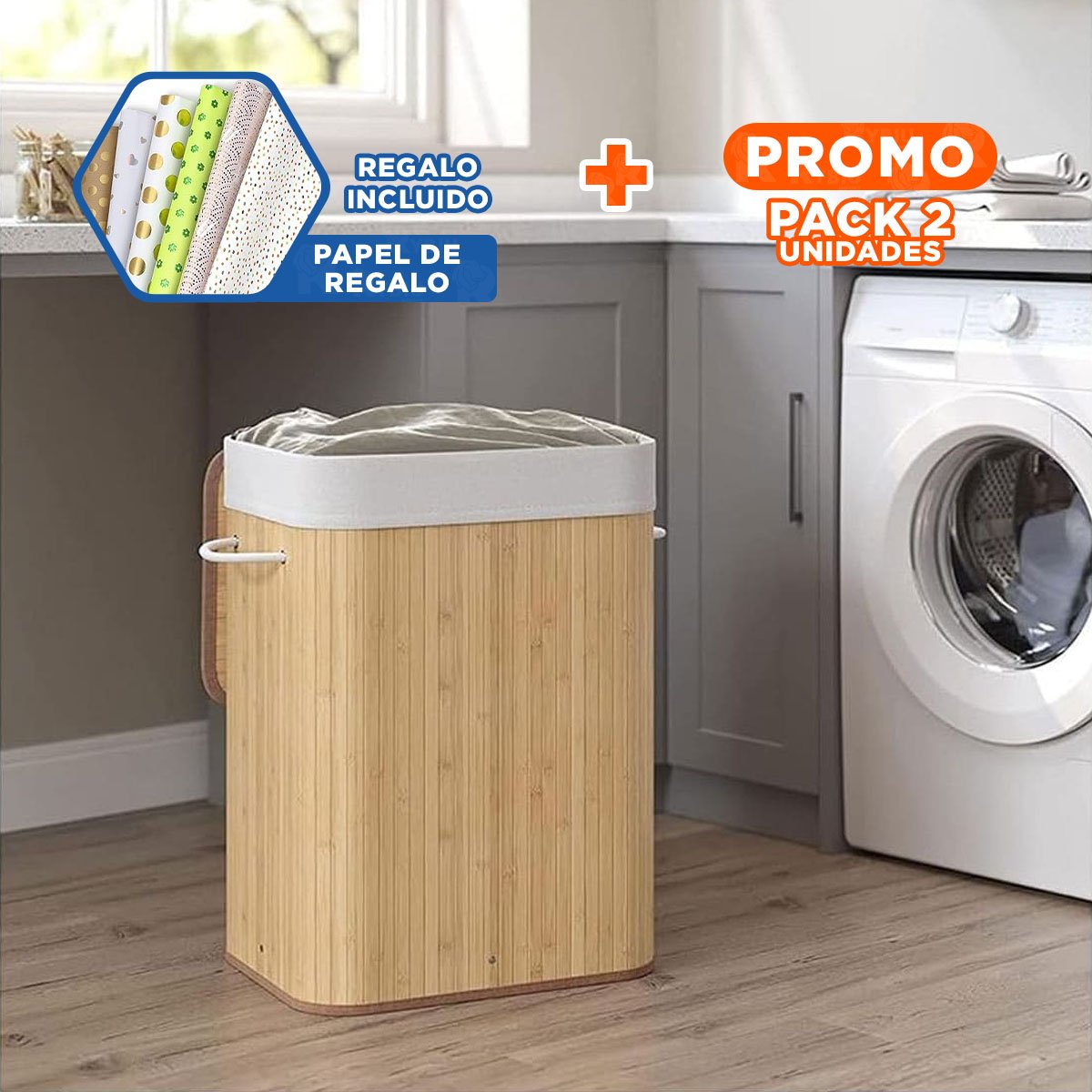 PACK2 RECIPIENTE PLEGABLE DE BAMBU CON TAPA PARA GUARDAR OBJETOS EN EL HOGAR Y+PAPEL REGALO - 1