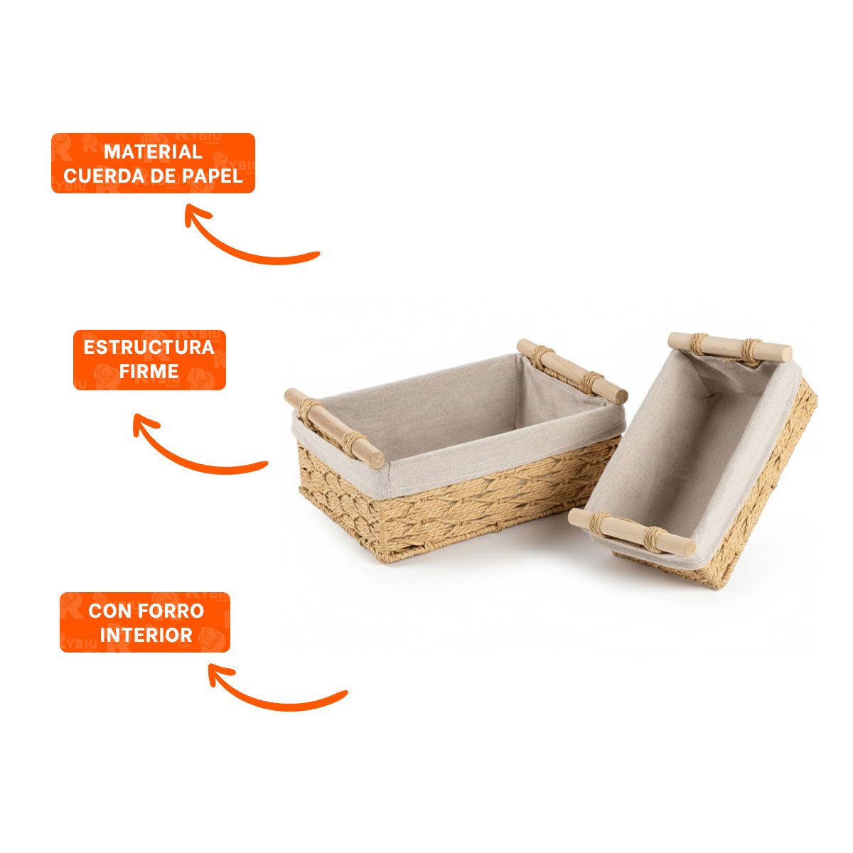 CONTENEDOR RECTANGULAR DE TELA CON ASAS DE MADERA MOSTAZA 24.5X14.5CM - 3