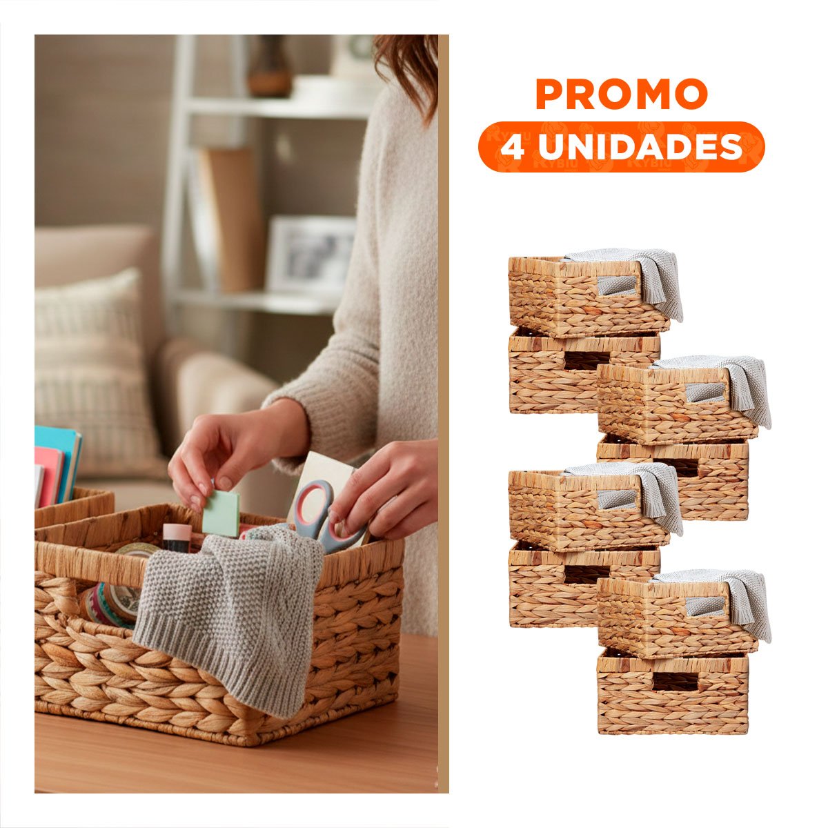 PACK4 CONJUNTO DE CESTAS TEJIDAS CUADRADAS MOSTAZA CON ASAS PARA DECORAR Y+REGALO STICKER - 1