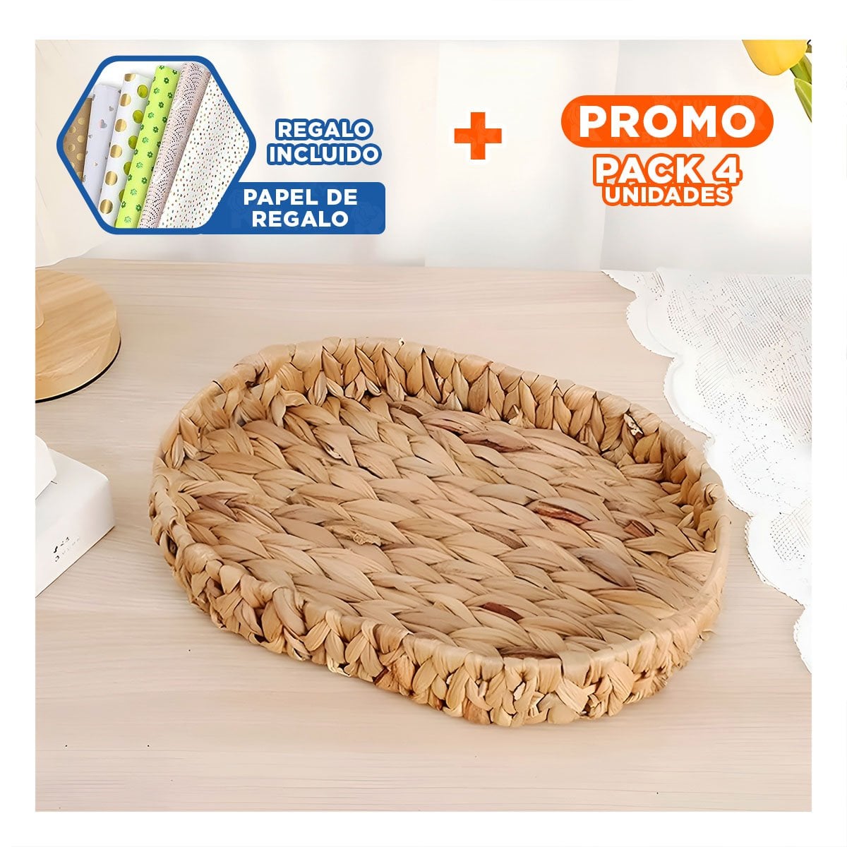 PACK4 CANASTA TEJIDA OVALADA GRASS 29X20X4.5CM MOSTAZA PARA ORGANIZAR COCINA YPAPEL REGALO - 1