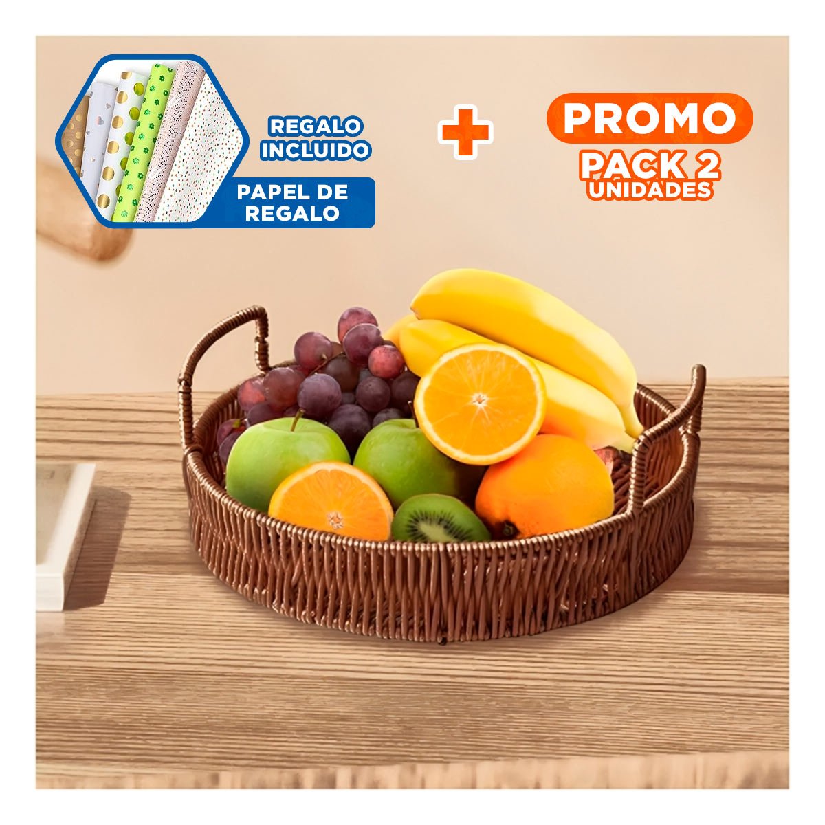 PACK2 CESTA TEJIDA CIRCULAR CON ASAS PARA MANTENER ORDEN EN DORMITORIO MARRON YPAPEL REGALO - 1
