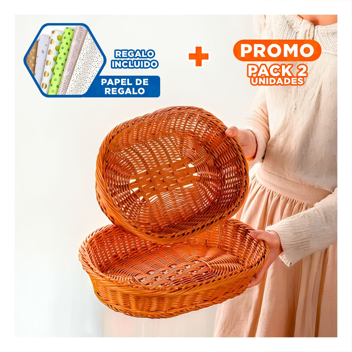 PACK2 CANASTA CON FORMA CIRCULAR EN MIMBRE Y DIMENSIONES 34X34X35CM Y+PAPEL REGALO - 1