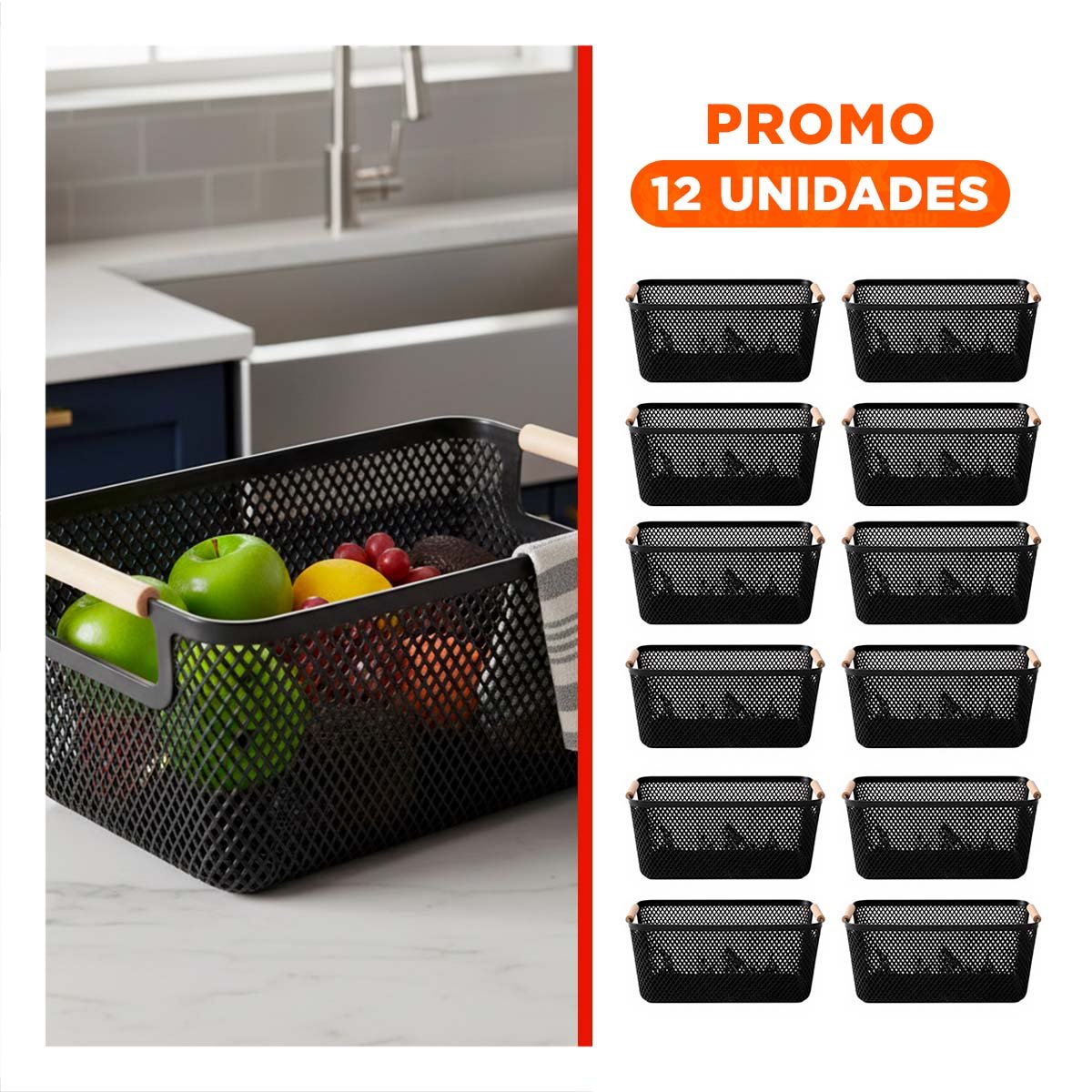 PACK12 ORGANIZADOR VERSATIL DE MALLA CON ASAS DE MADERA NEGRO PARA ACCESORIOS Y+REGALO STICKER - 1