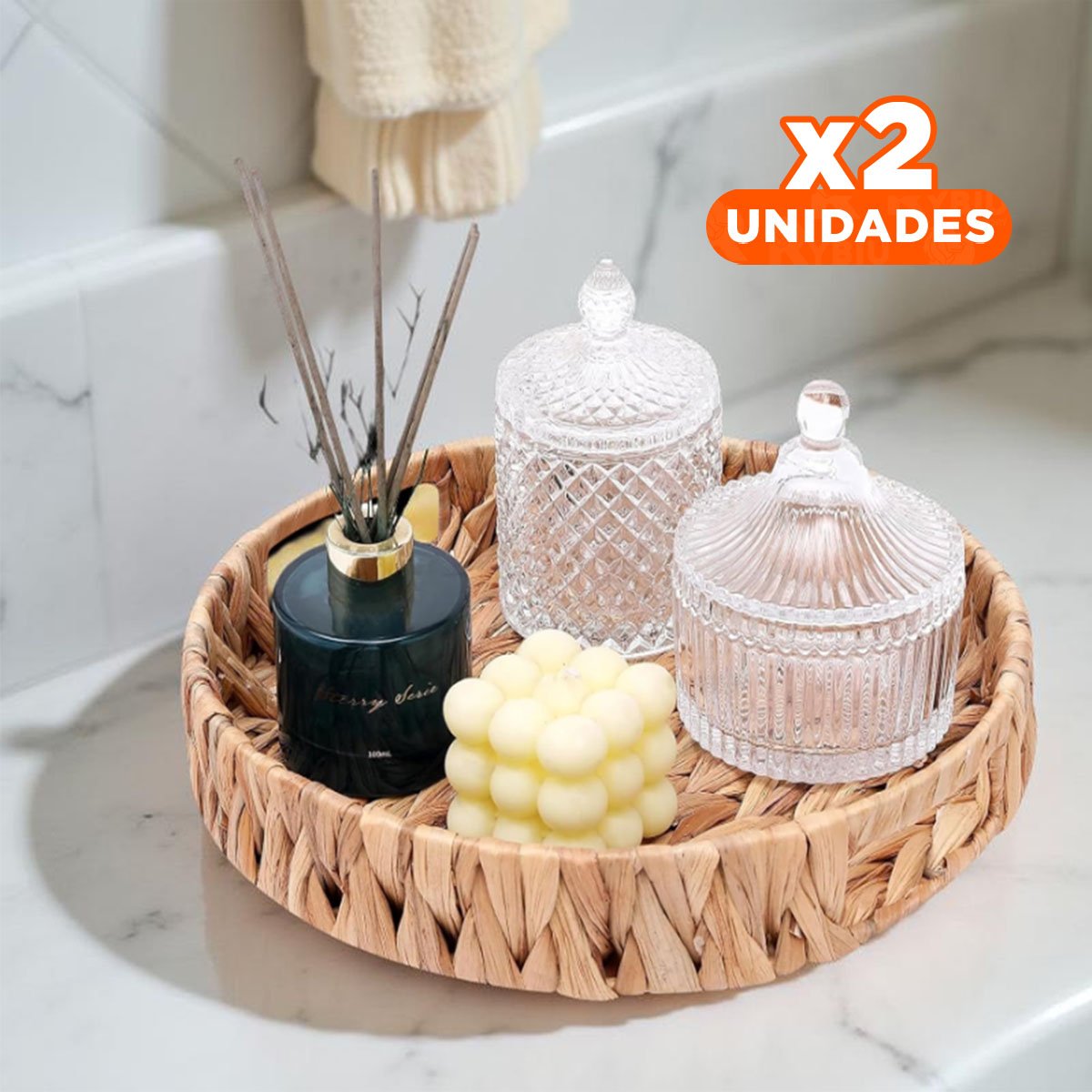PACK2 CONTENEDOR TEJIDA CIRCULAR CON ASAS GRASS 32X4CM MOSTAZA PARA ORDEN Y+REGALO STICKER - 1
