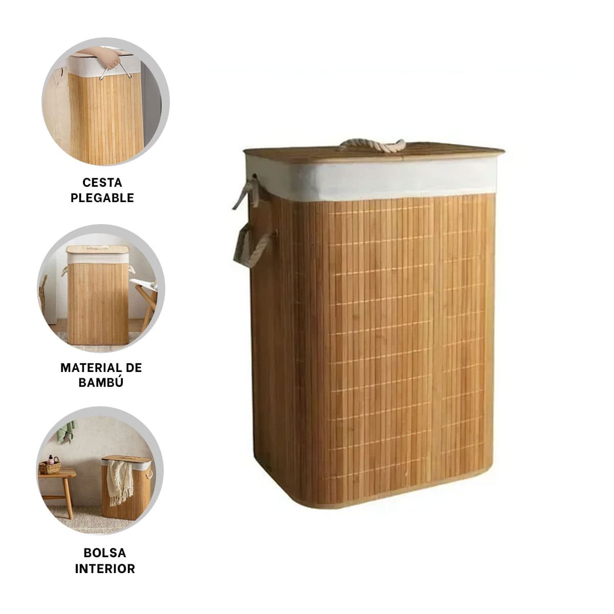 CESTA PLEGABLE DE BAMBU CON TAPA PARA ORGANIZAR ESPACIOS DEL HOGAR NATURAL - 3