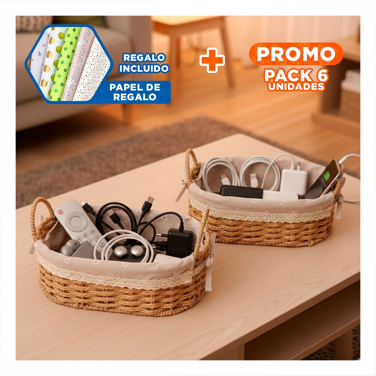 PACK6 COLECCION 2 CANASTO OVALADO TEJIDO CON FORRO BEIGE Y PLOMO PARA GUARDAR Y+PAPEL REGALO - 1