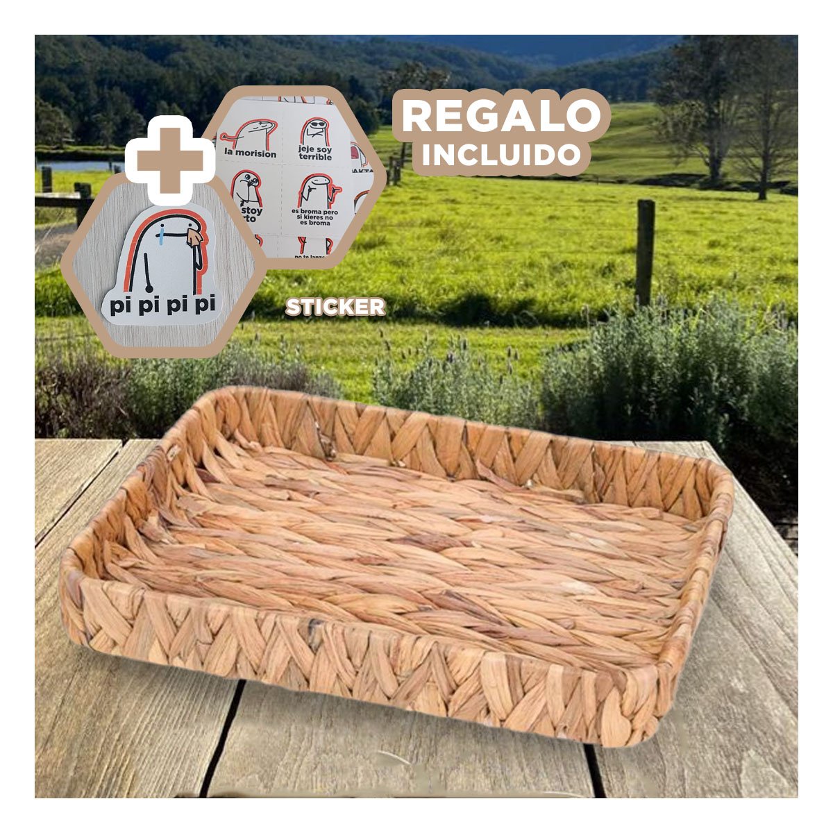 CANASTO TEJIDO RECTANGULAR GRASS 36X28X6CM MOSTAZA PARA GUARDAR Y DECORAR Y+REGALO STICKER - 1
