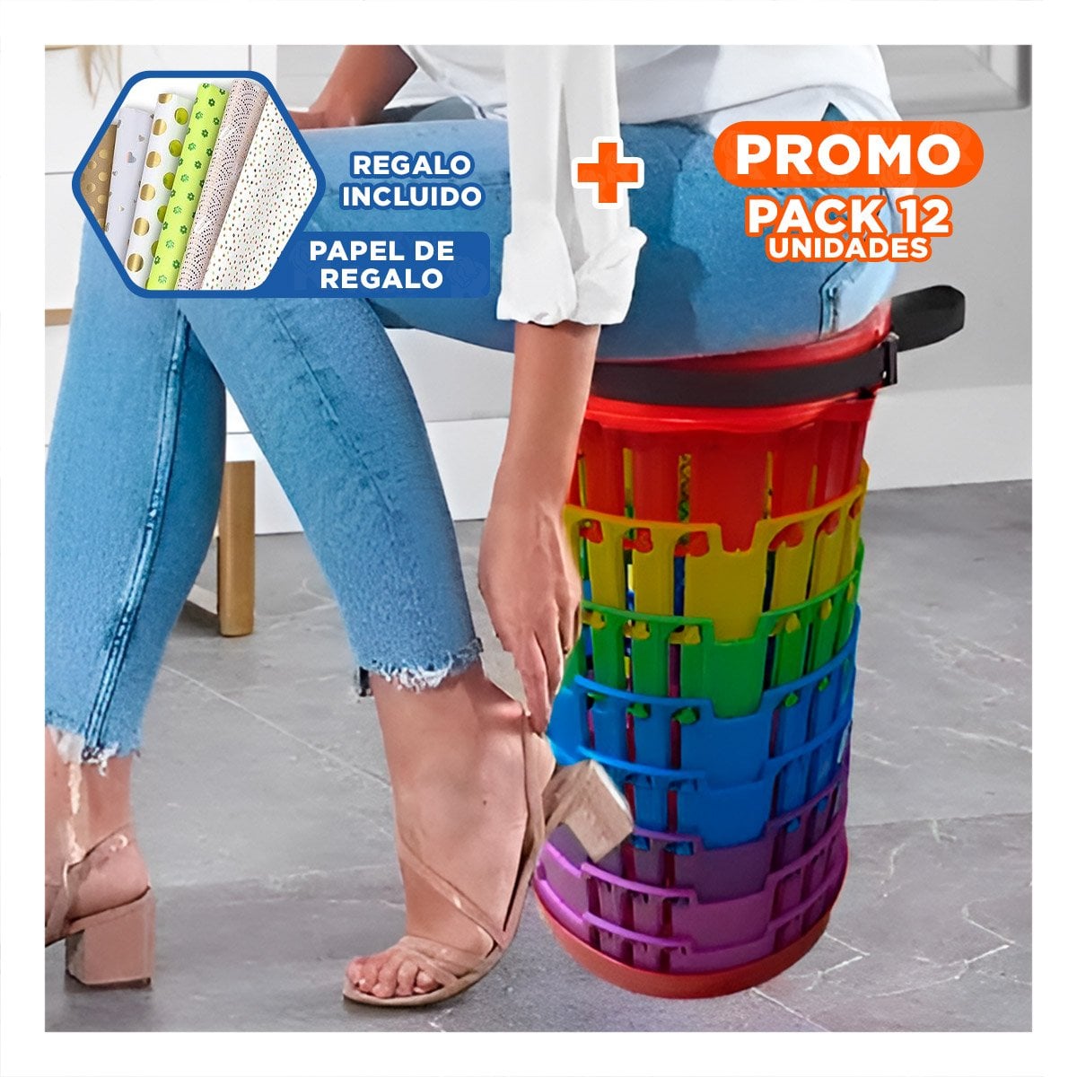 PACK12 BANQUETA PLEGABLE FACIL DE GUARDAR CON 3 SEGUROS ROJO MULTICOLOR YPAPEL REGALO - 1