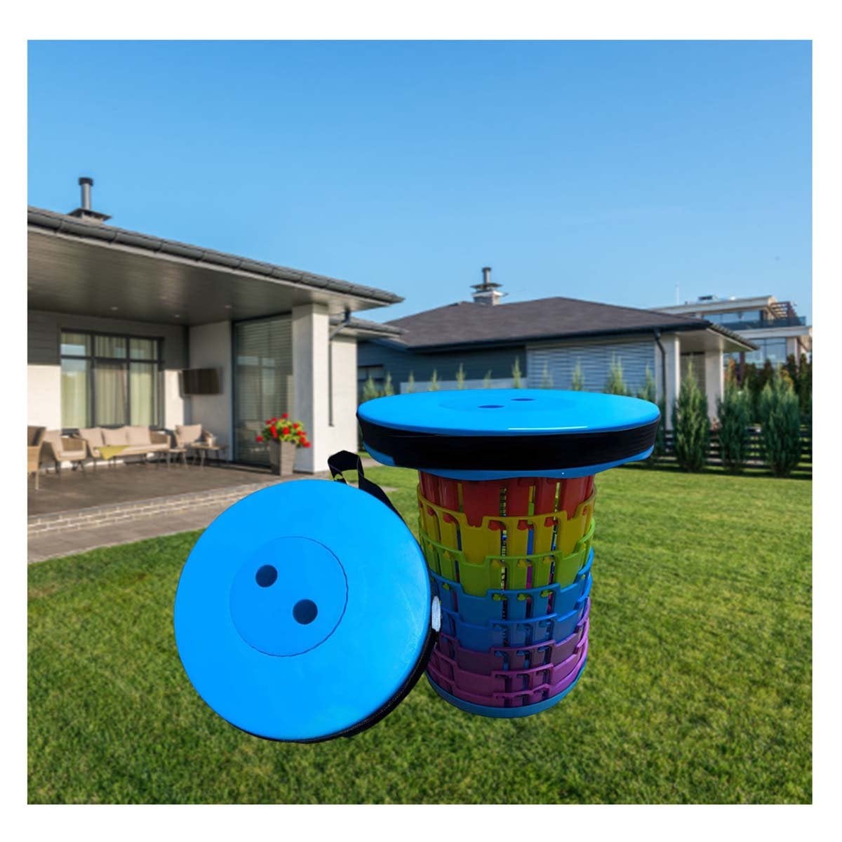 PACK12 TABURETE PLEGABLE IDEAL PARA REUNIONES FAMILIARES AZUL MULTICOLOR Y+REGALO STICKER - 3