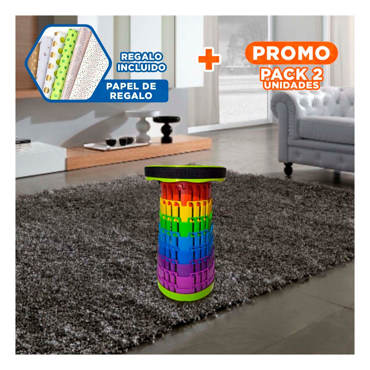 PACK2 TABURETE RESISTENTE CON TRES SEGUROS PLEGABLE PARA USO DIARIO Y+PAPEL REGALO - 1