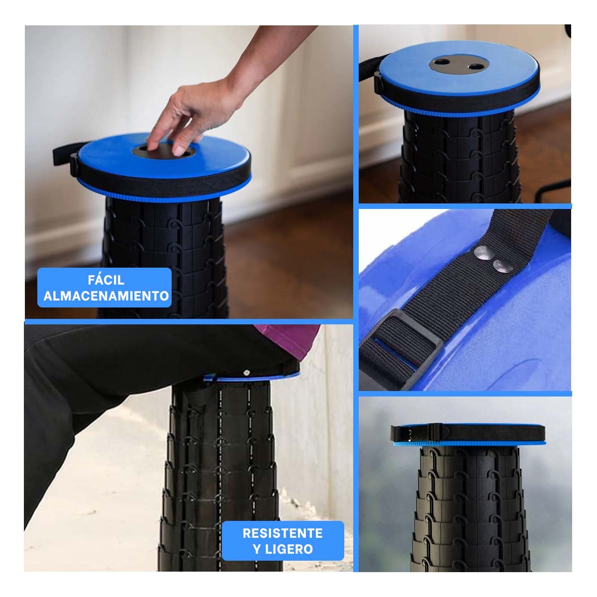 SILLA COMPACTA 3 SEGUROS PORTATIL TAPA AZUL CENTRO NEGRO PARA HOGAR Y TERRAZA Y+LIGAS REGALO - 5