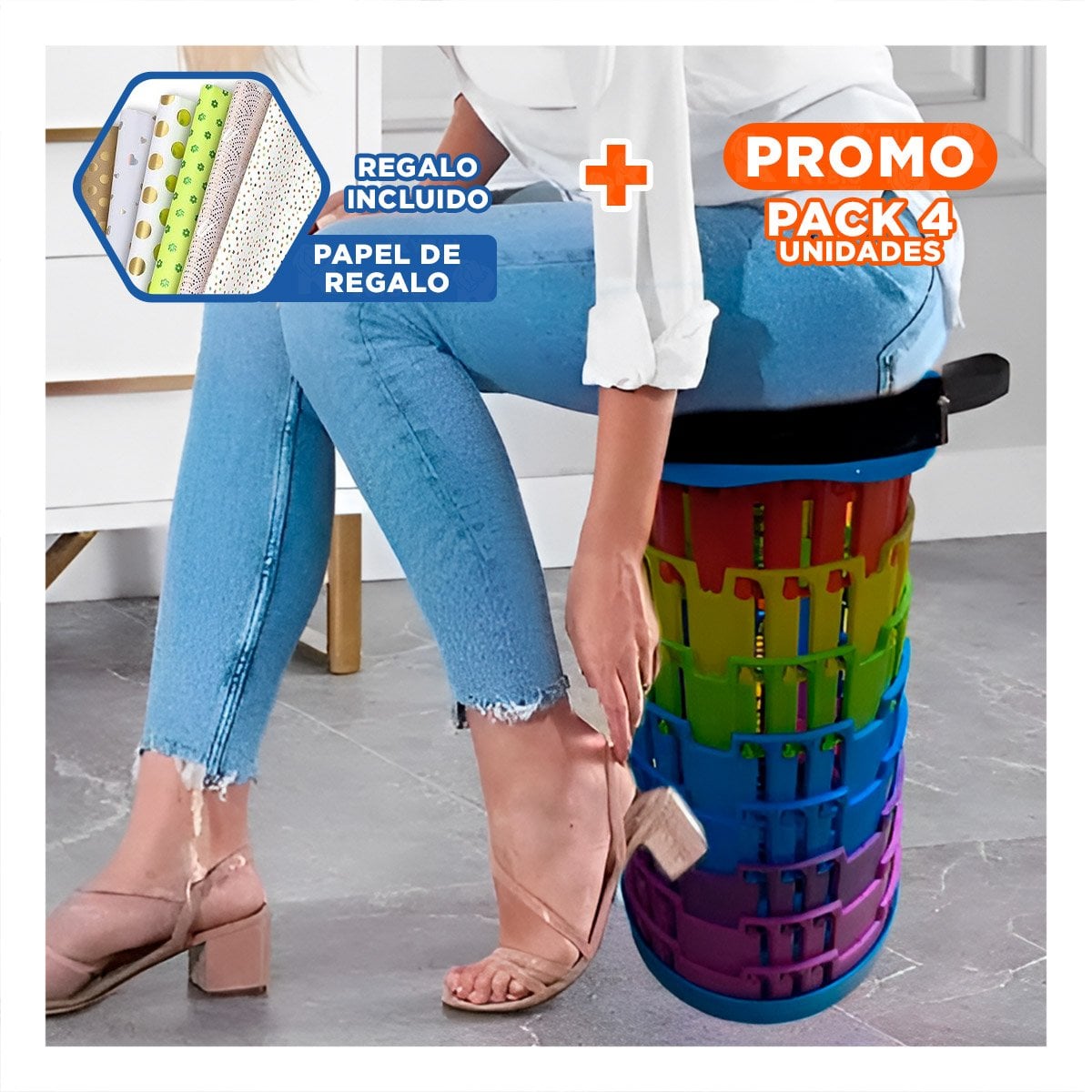 PACK4 BANQUETA PLEGABLE COMODA PARA REUNIONES EN CASA AZUL MULTICOLOR YPAPEL REGALO - 1