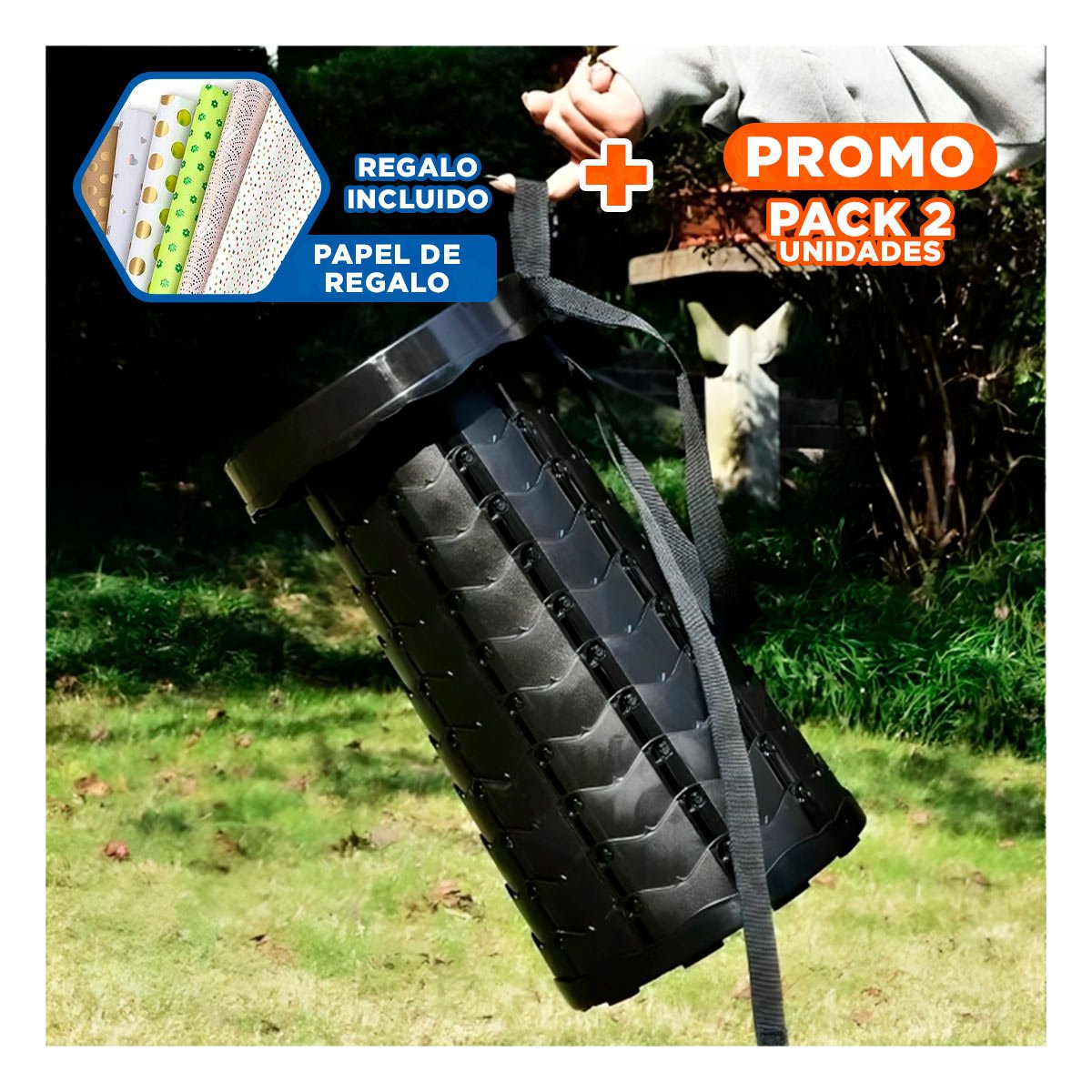PACK2 BANQUETA LIGERA PLEGABLE 3 SEGUROS PORTATILES TAPA NEGRO CENTRO NEGRO Y+PAPEL REGALO - 1