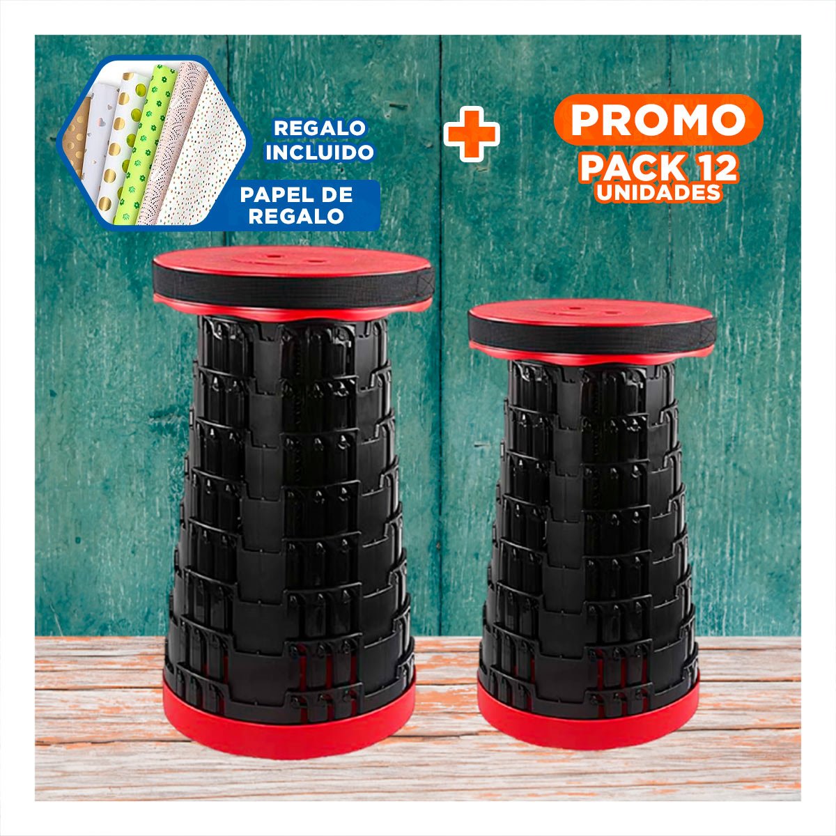 PACK12 BUTACA LIGERA 3 SEGUROS PORTATILES TAPA ROJO CENTRO NEGRO PARA BALCON Y+PAPEL REGALO - 1