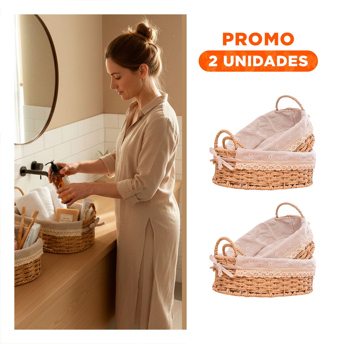PACK2 DUO 2 CAJA OVALADA TEJIDA CON FORRO BEIGE Y PLOMO PARA ROPA U OBJETOS - 1