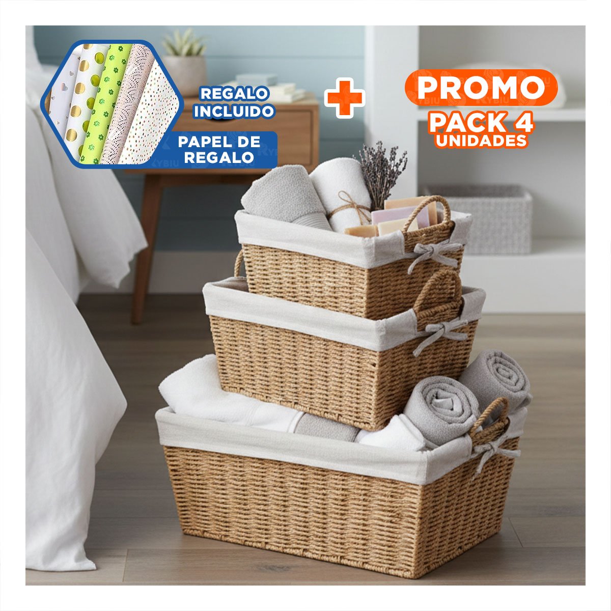 PACK4 COMBO DE CANASTAS RECTANGULARES CON MATERIAL RESISTENTE Y DISEÑO MOSTAZA Y+PAPEL REGALO - 1