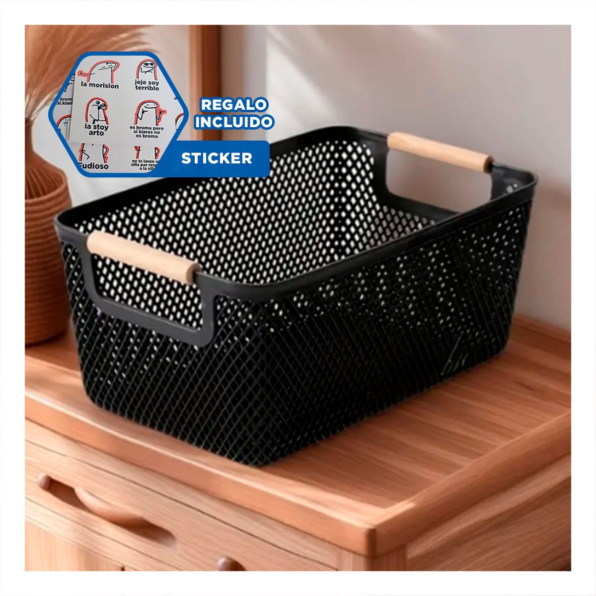 CONTENEDOR DE MALLA CON ASAS DE MADERA NEGRO PARA MANTENER ORDEN EN COCINA Y+REGALO STICKER - 1