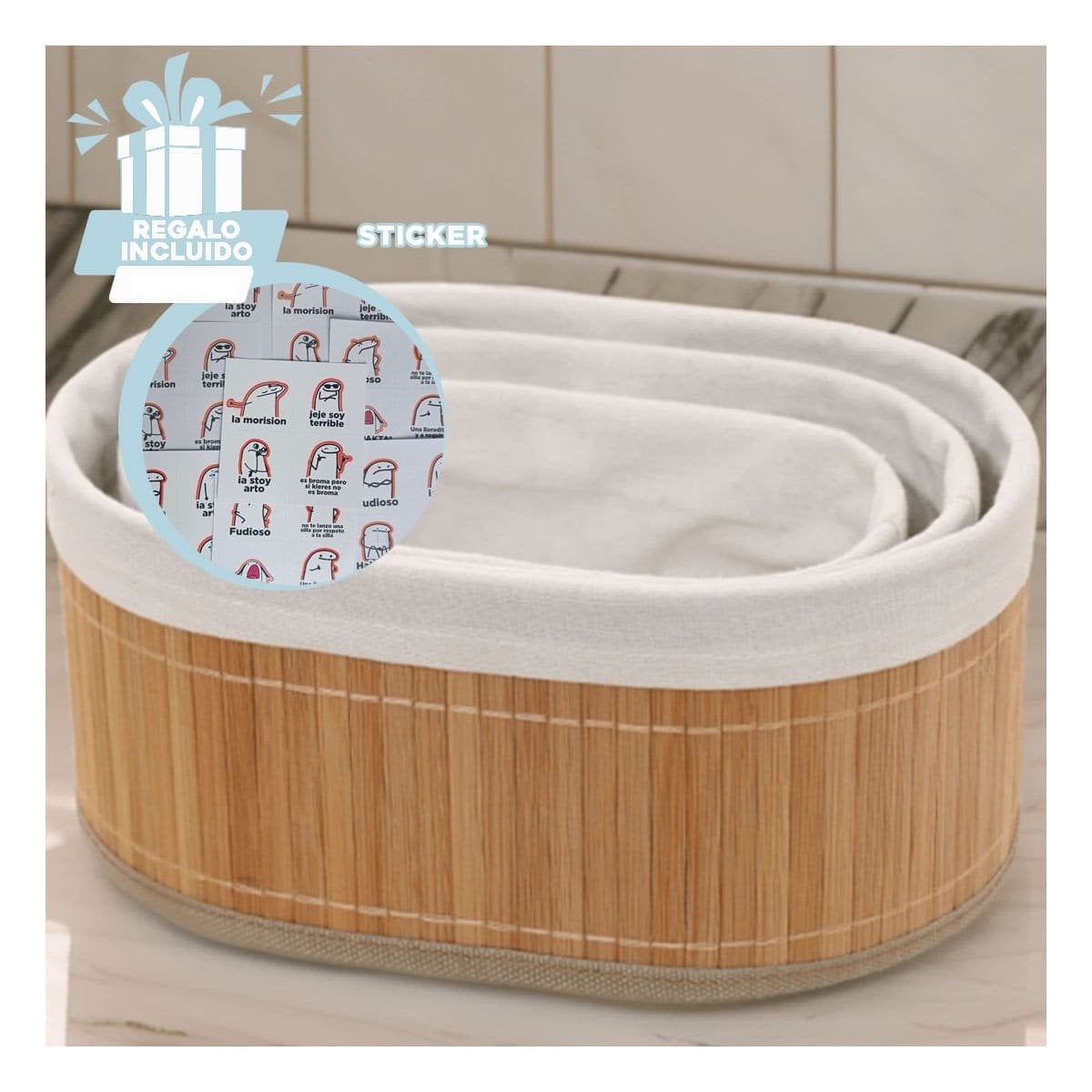 RECIPIENTES DECORATIVOS DE BAMBU Y TELA PARA USO DIARIO EN LA CASA Y+REGALO STICKER - 1