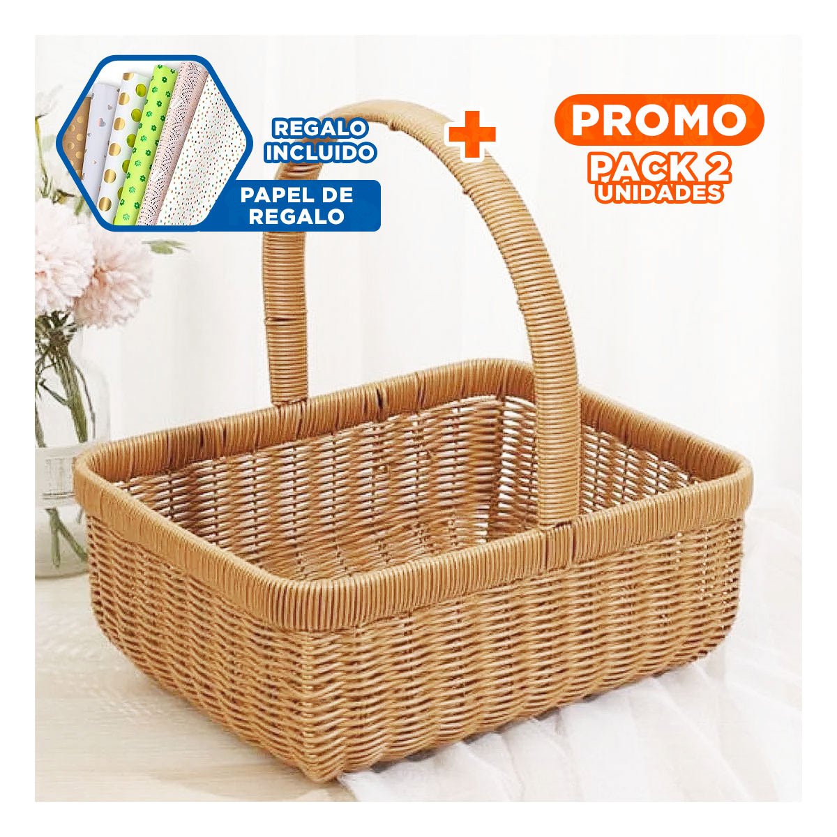 PACK2 CANASTA TEJIDA CUADRADA CON ASA PARA ALMACENAJE DE COCINA MOSTAZA Y+PAPEL REGALO - 1