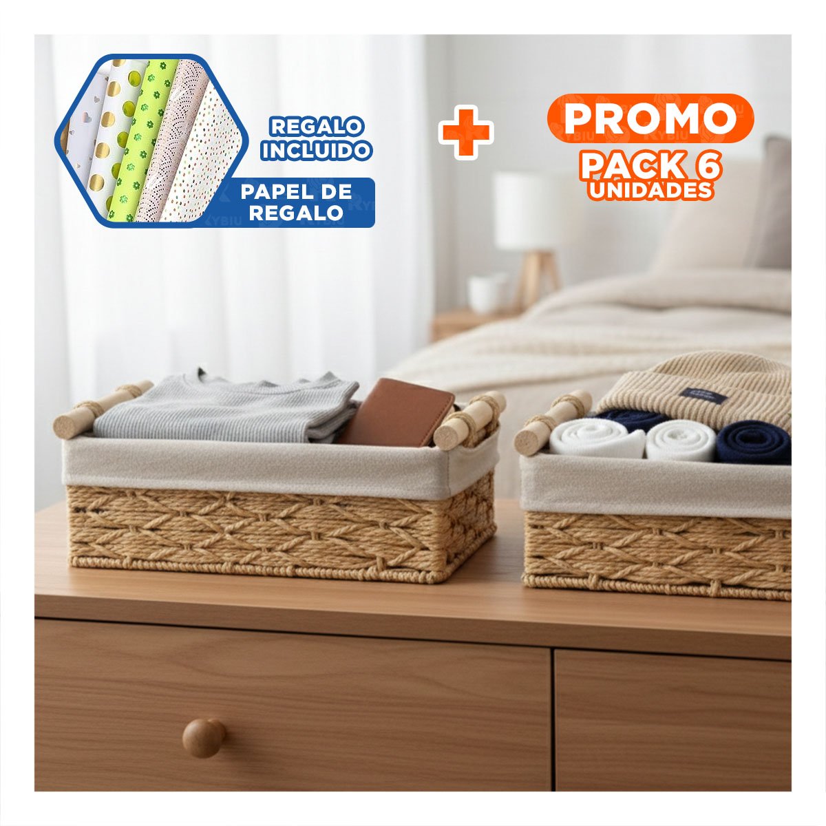 PACK6 CAJA MULTIUSO DE ALMACENAJE DOMESTICO MOSTAZA 24.5X14.5CM Y+PAPEL REGALO - 1