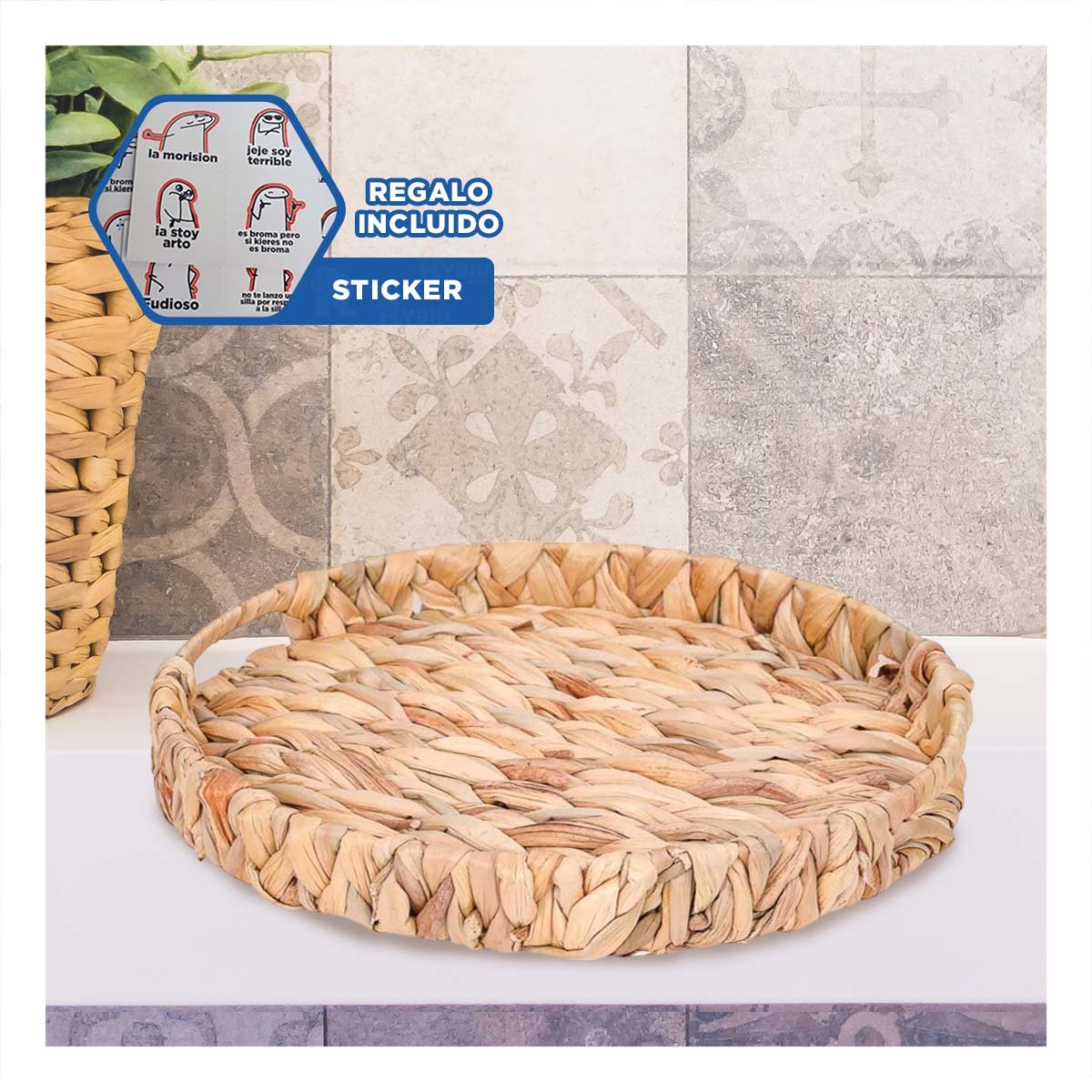 CONTENEDOR DECORATIVO CIRCULAR GRASS 31X4CM MOSTAZA PARA ORGANIZAR HOGAR YREGALO STICKER - 1