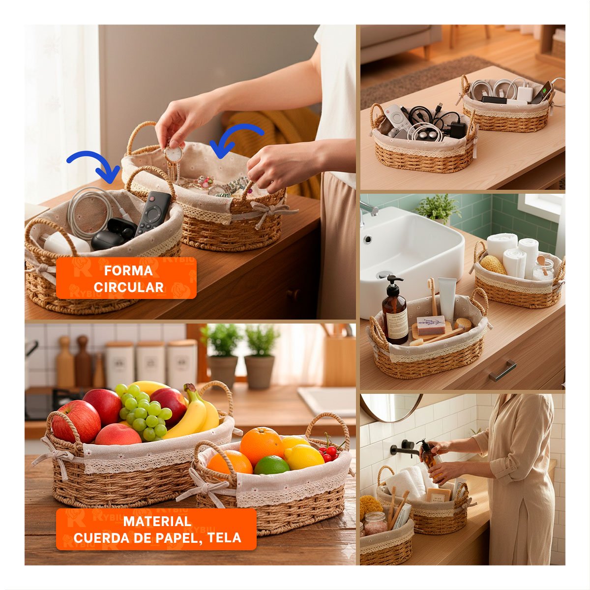 PACK 2 CAJA OVALADA TEJIDA CON FORRO BEIGE Y PLOMO PARA ORGANIZAR TODO HOGAR - 5