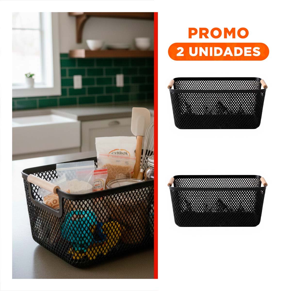 PACK2 CONTENEDOR PRACTICO DE MALLA CON ASAS DE MADERA NEGRO PARA MANTENER ORDEN EN OFICINA - 1