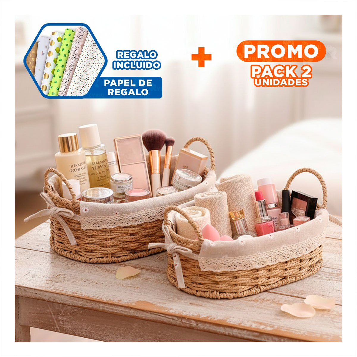 PACK2 JUEGO 2 CESTA OVALADA TEJIDA CON FORRO BEIGE Y PLOMO DECORATIVA Y+PAPEL REGALO - 1