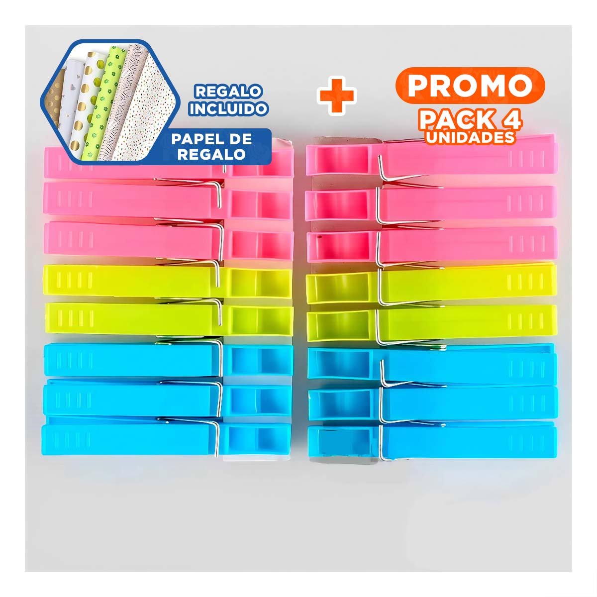 PACK4 GANCHOS PLASTICO MULTICOLOR 24 PIEZAS PARA LAVANDERIA ORGANIZADA Y+PAPEL REGALO - 1