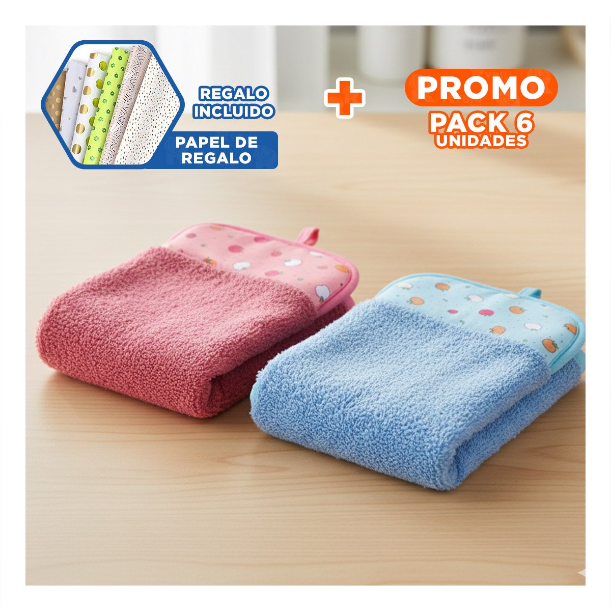 PACK6 LOTE PRACTICO 2 PIEZAS FUCSIA Y AZUL TOALLAS COLGADOR 28X38CM Y+PAPEL REGALO - 1