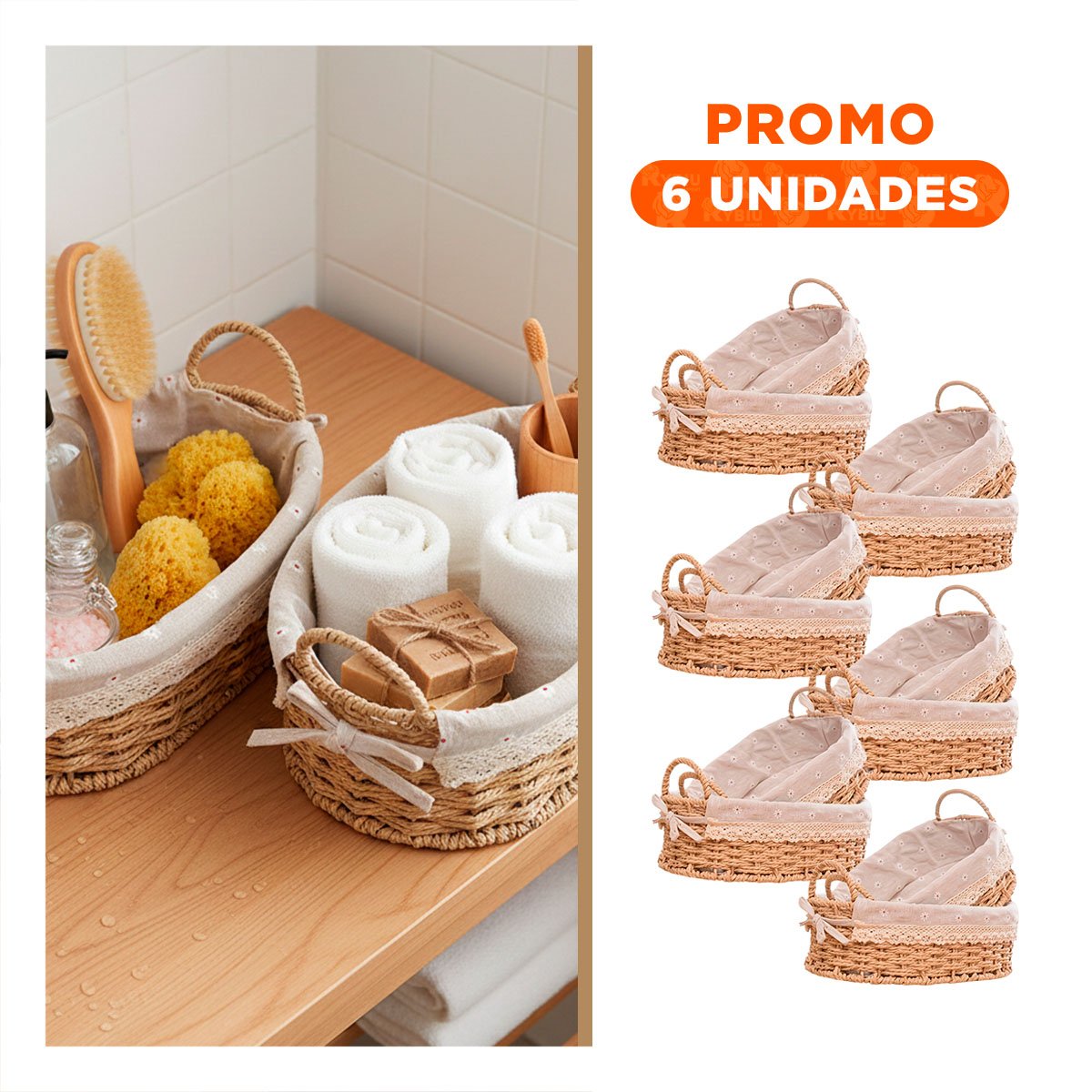 PACK6 COLECCION 2 CESTA OVALADA TEJIDA CON FORRO BEIGE Y PLOMO PARA SALA Y COCINA - 1