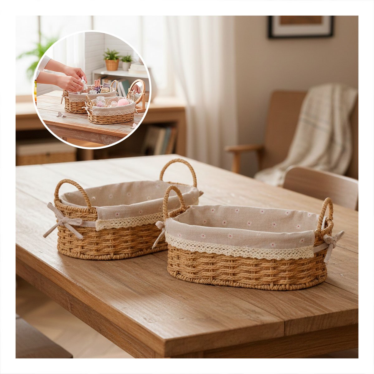 PACK6 COLECCION 2 CESTA OVALADA TEJIDA CON FORRO BEIGE Y PLOMO PARA SALA Y COCINA - 3