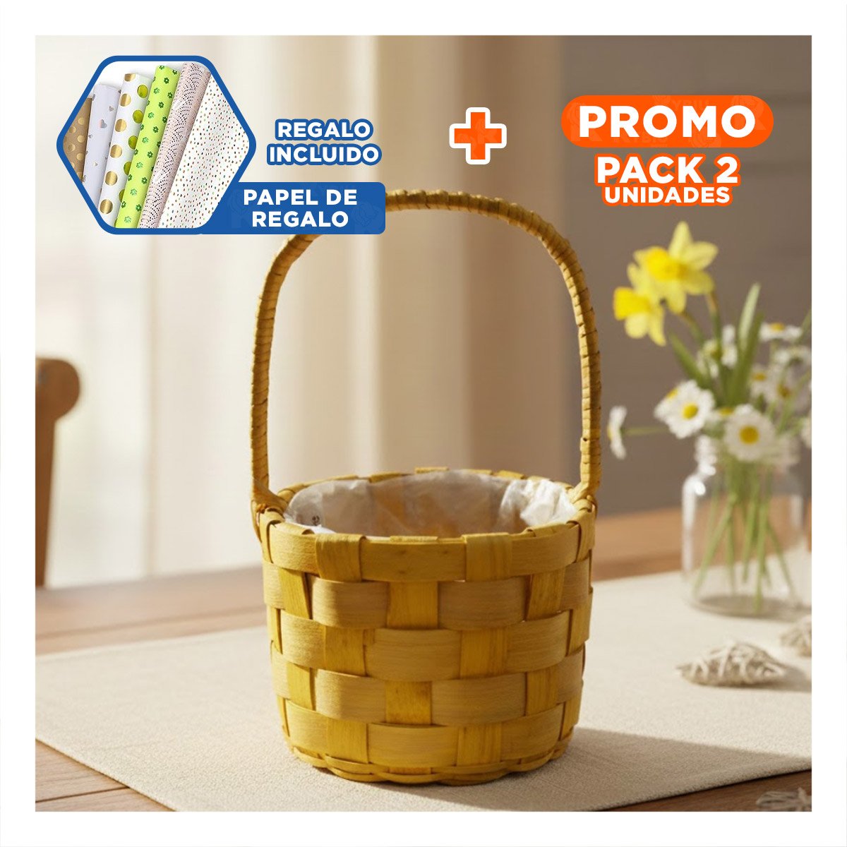 PACK2 CANASTA CIRCULAR TEJIDA CON ASA PARA ORGANIZACION Y ESTILO EN EL HOGAR YPAPEL REGALO - 1