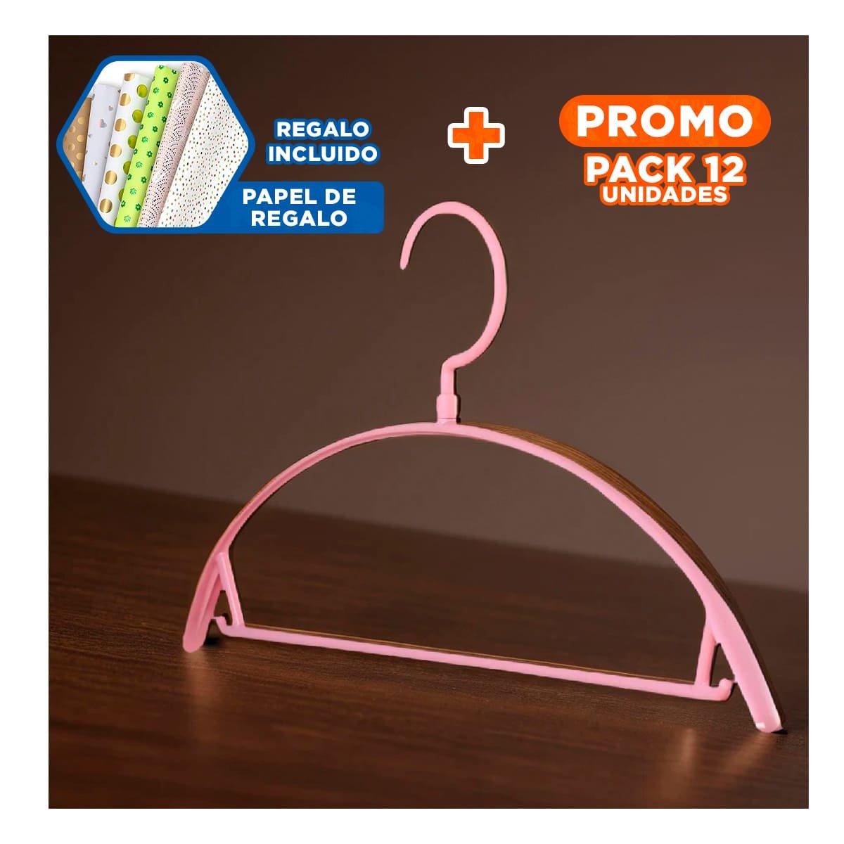 PACK12 PERCHA FUNCIONAL DE PLASTICO ROSADO MEDIA LUNA DE 4 PIEZAS PARA CLOSET Y+PAPEL REGALO - 1