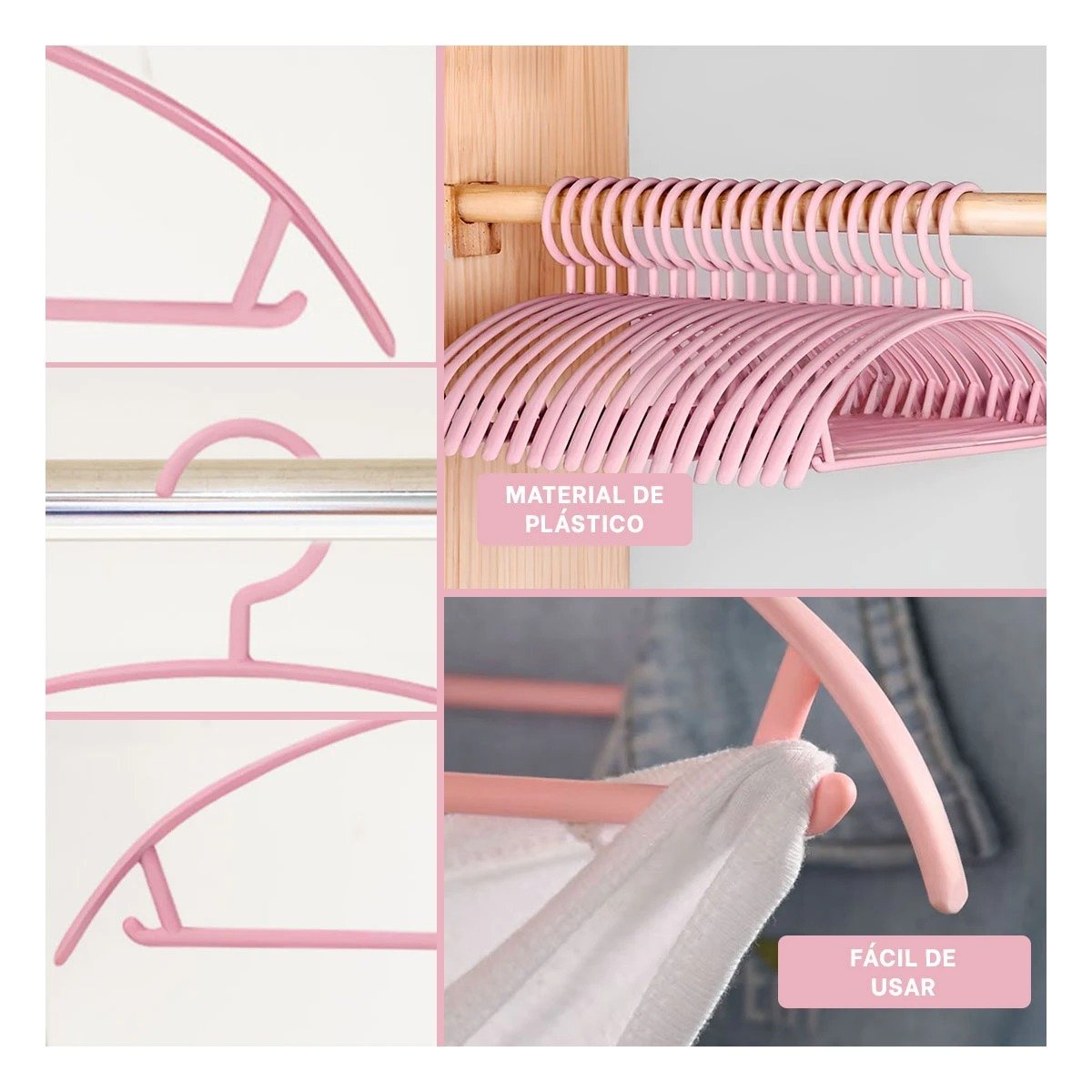 PACK12 PERCHA FUNCIONAL DE PLASTICO ROSADO MEDIA LUNA DE 4 PIEZAS PARA CLOSET Y+PAPEL REGALO - 2