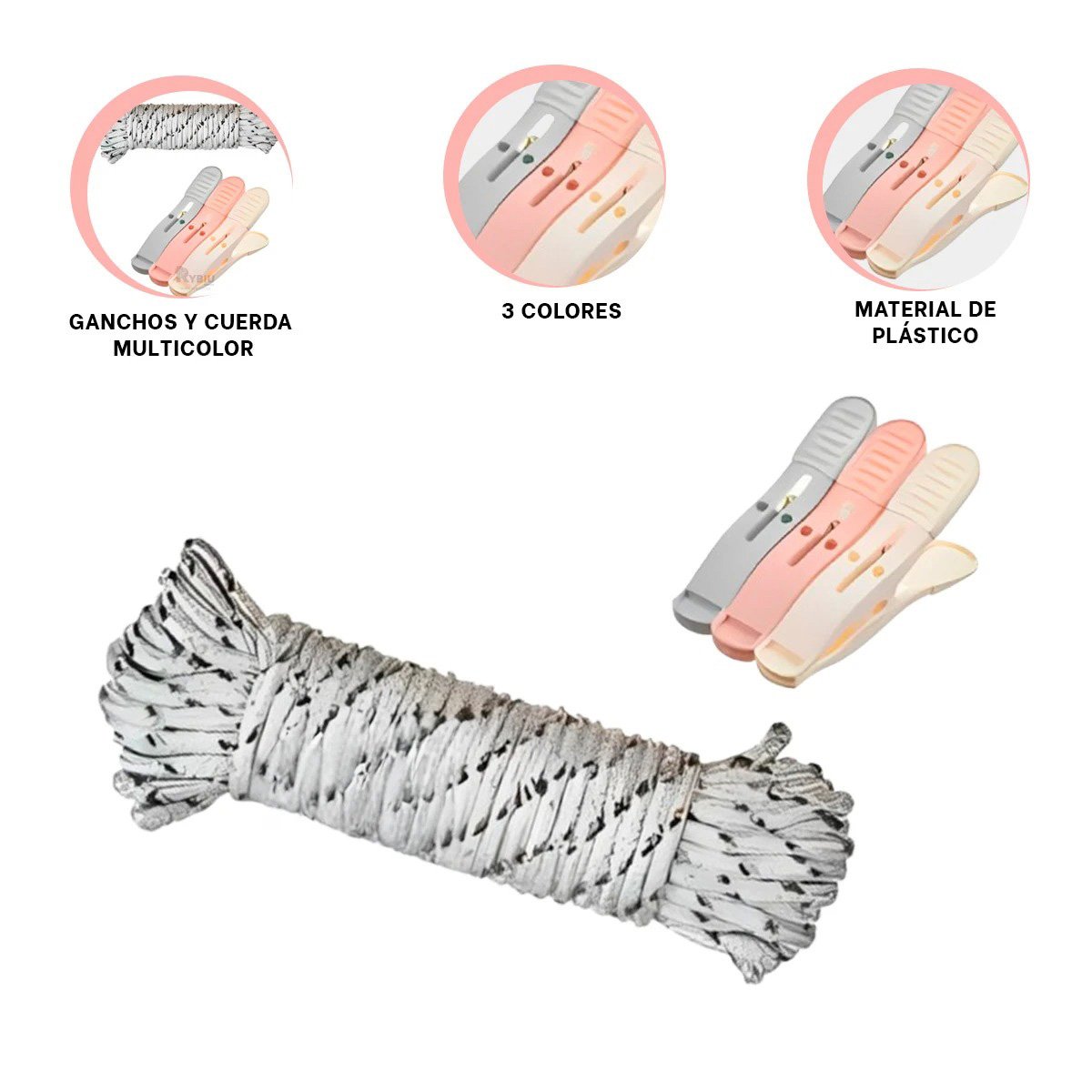 GANCHOS DE PLASTICO PARA ROPA MULTICOLOR CON TRES COLORES Y CUERDA - 3