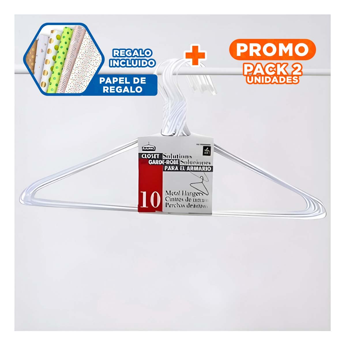 PACK2 GANCHO DE ALAMBRE BLANCO PACK 10 PIEZAS 21X40CM PARA CLOSET Y+PAPEL REGALO - 1
