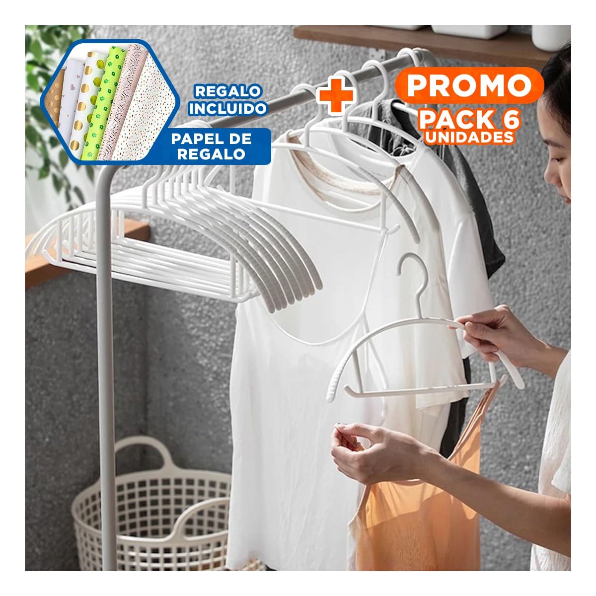 PACK6 PERCHA COMPACTA DE PLASTICO BLANCO MEDIA LUNA DE 4 PIEZAS PARA CASA Y+PAPEL REGALO - 1