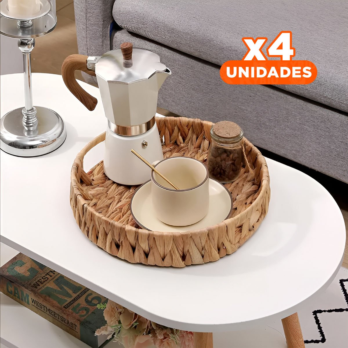 PACK4 CANASTA REDONDA TEJIDA CON ASAS GRASS 30X4CM MOSTAZA PARA USO HOGAR - 1
