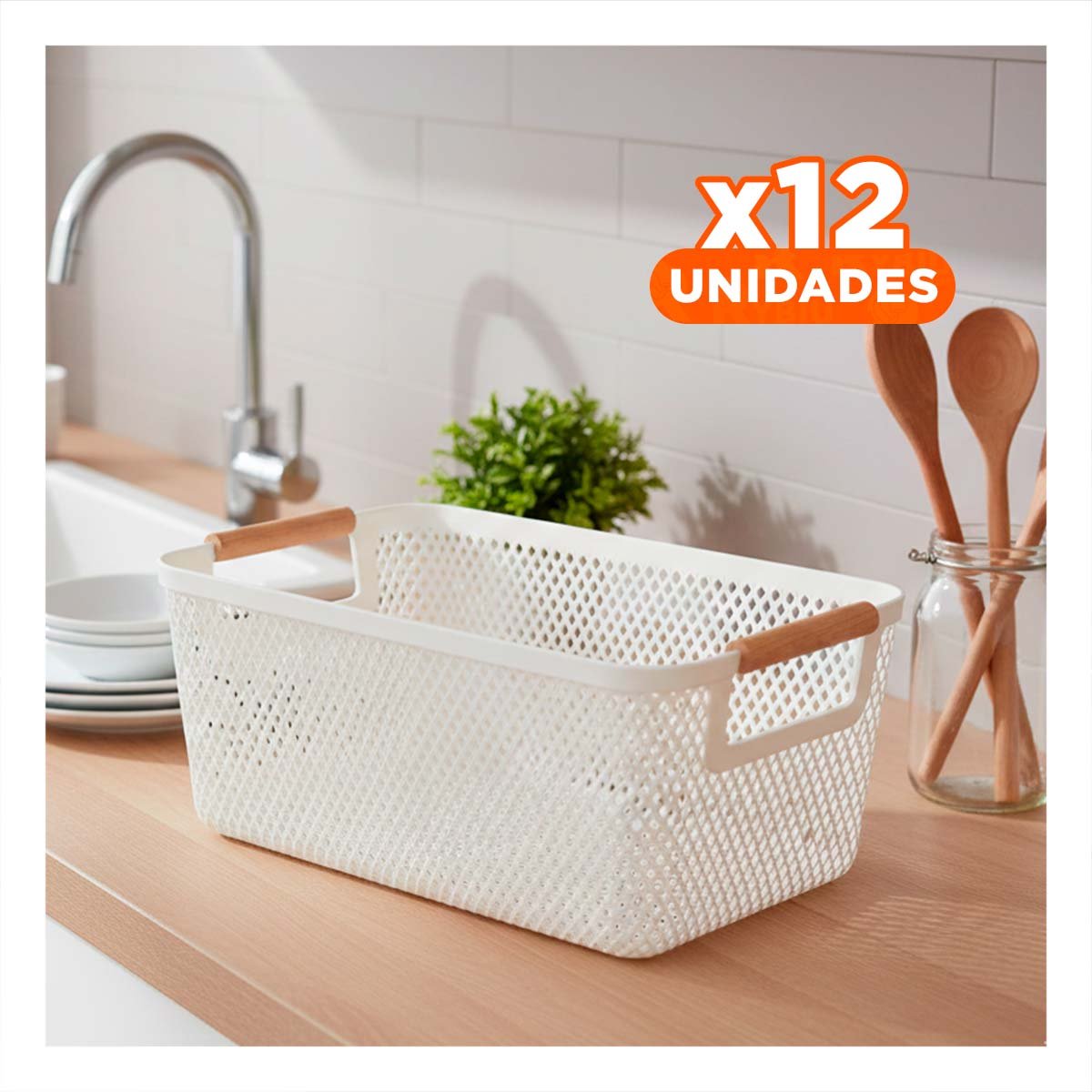 PACK12 CANASTA MULTIFUNCIONAL MALLA CON ASAS DE MADERA BLANCO PARA HOGAR - 1