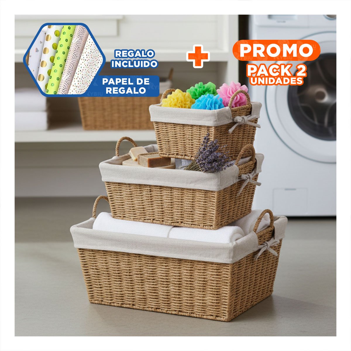 PACK2 PACK DE 3 CANASTAS RECTANGULARES CON USO VERSATIL MOSTAZA Y+PAPEL REGALO - 1