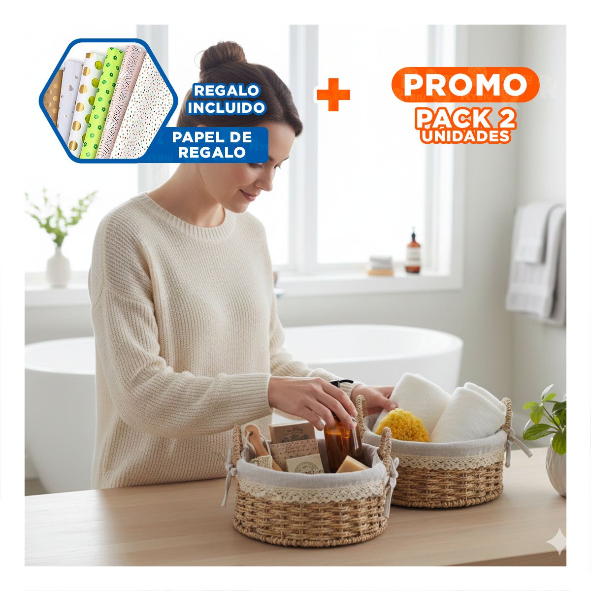 PACK2 JUEGO 2 CESTA CIRCULAR TEJIDA CON FORRO BEIGE Y PLOMO DECORATIVA Y+PAPEL REGALO - 1