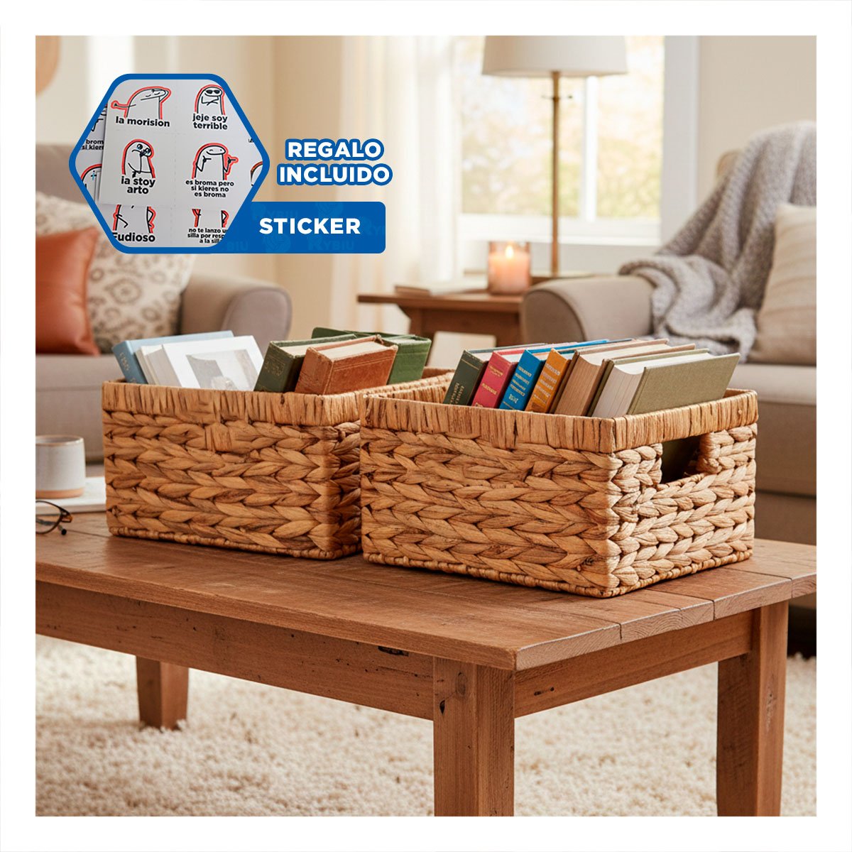 DUO DE CESTAS DECORATIVAS CUADRADAS MOSTAZA CON ASAS PARA ESPACIOS HOGAR Y+REGALO STICKER - 1