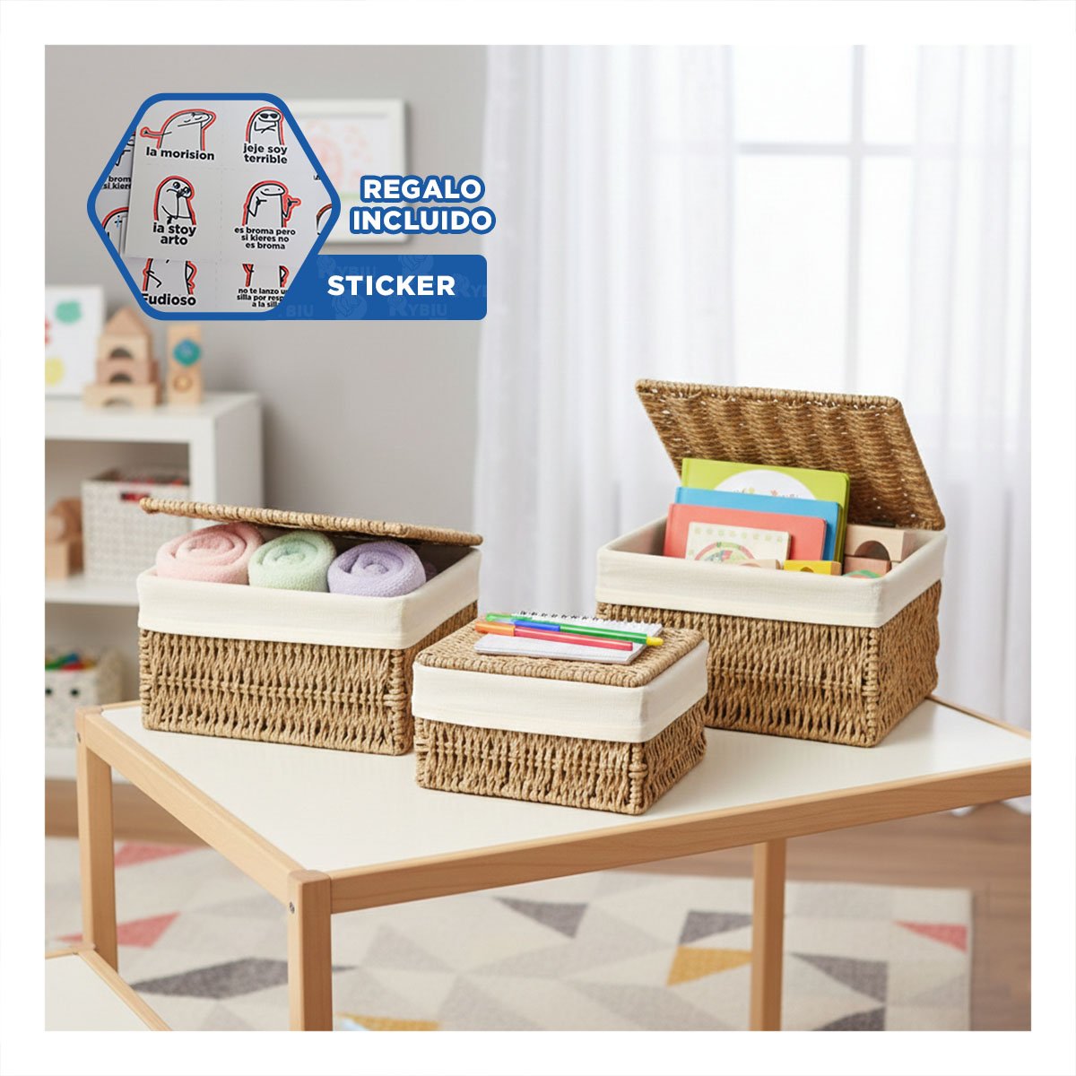 CESTA FUNCIONAL PARA GUARDAR OBJETOS MOSTAZA 38X28 33X23 28X18 Y+REGALO STICKER - 1