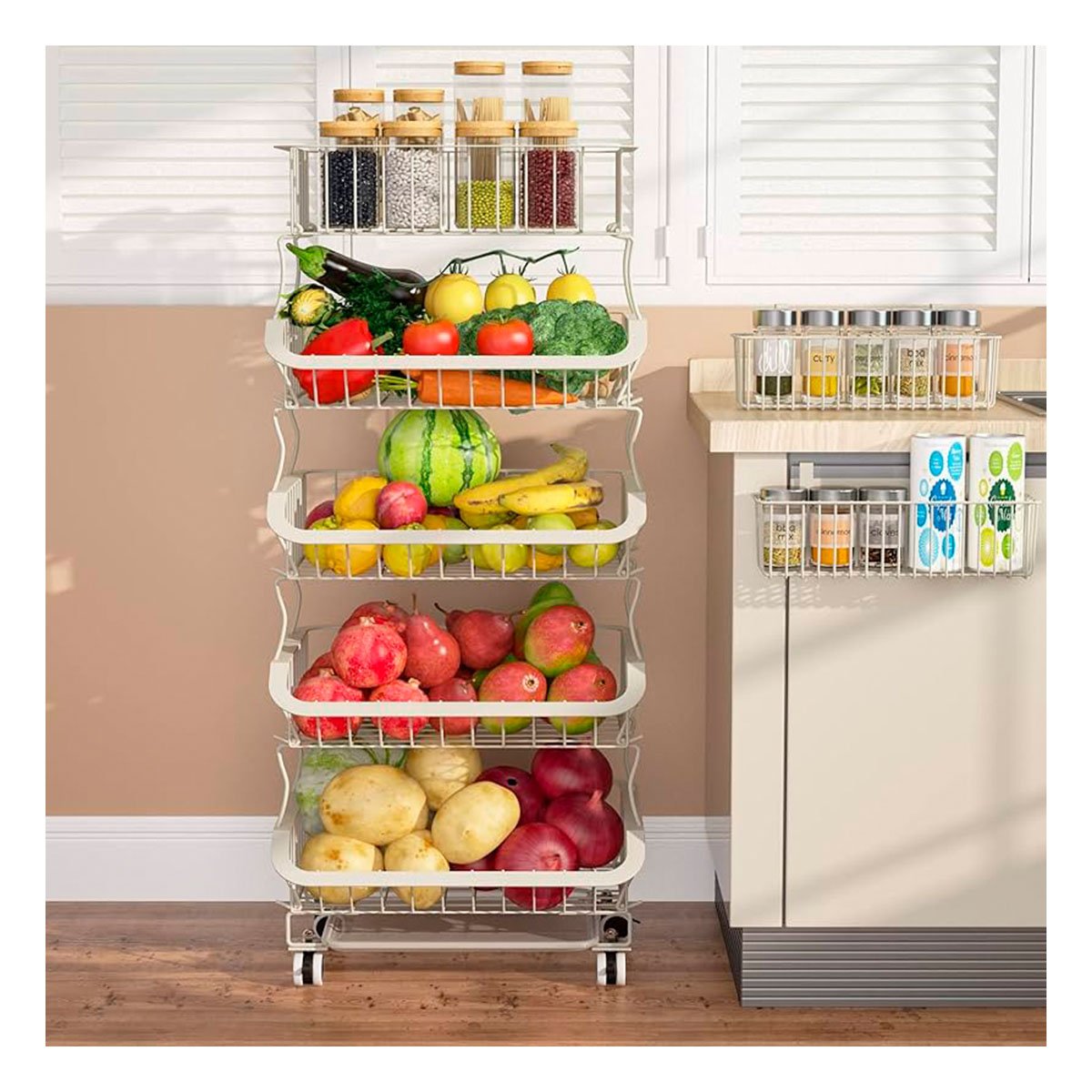 CONTENEDOR METALICO 5 NIVELES PARA COCINA ACERO BLANCO CON ACABADO ELEGANTE Y+REGALO STICKER - 2